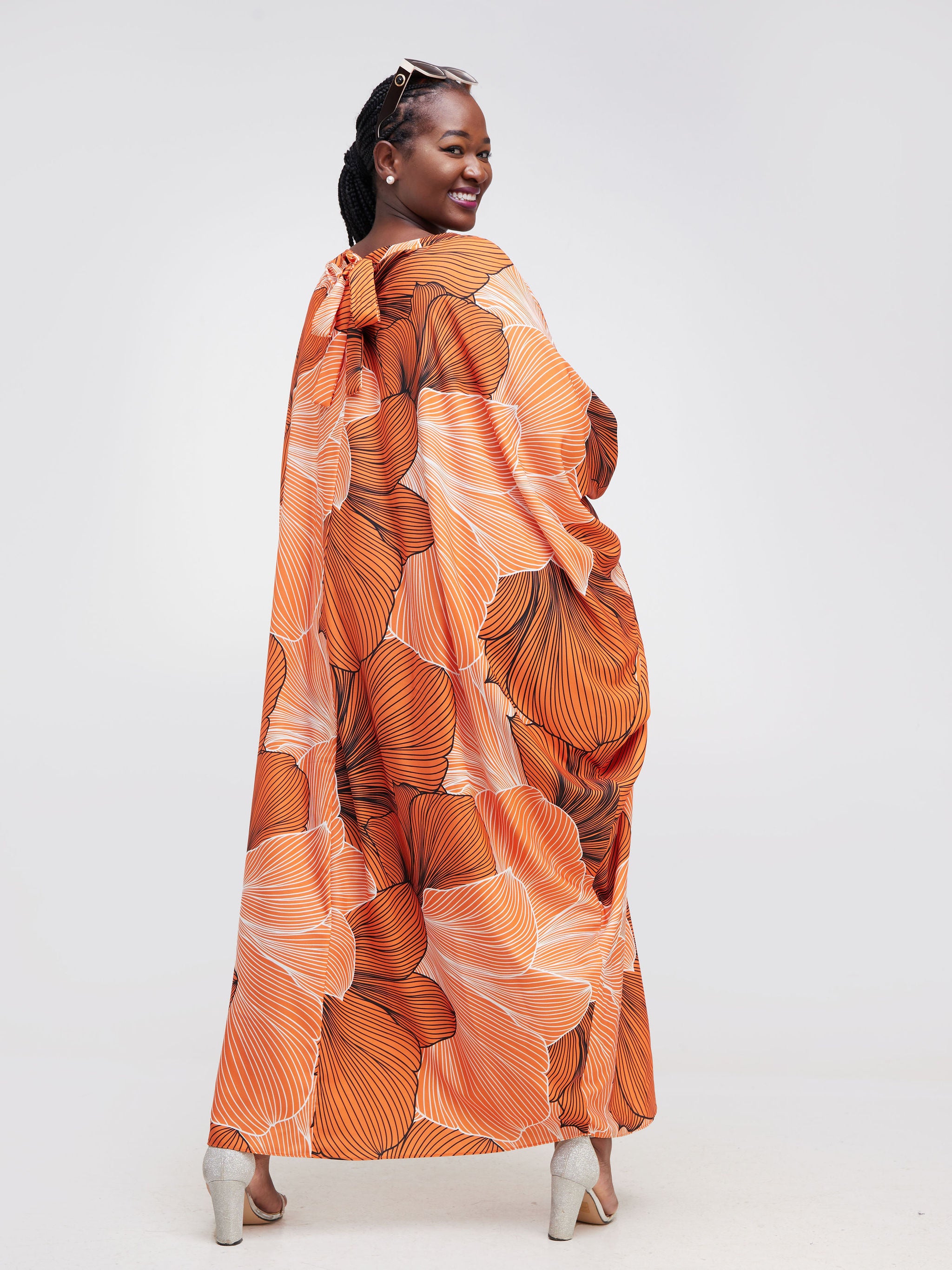 Vivo Asika Cold Shoulder Kaftan - Black / Orange Floral Print