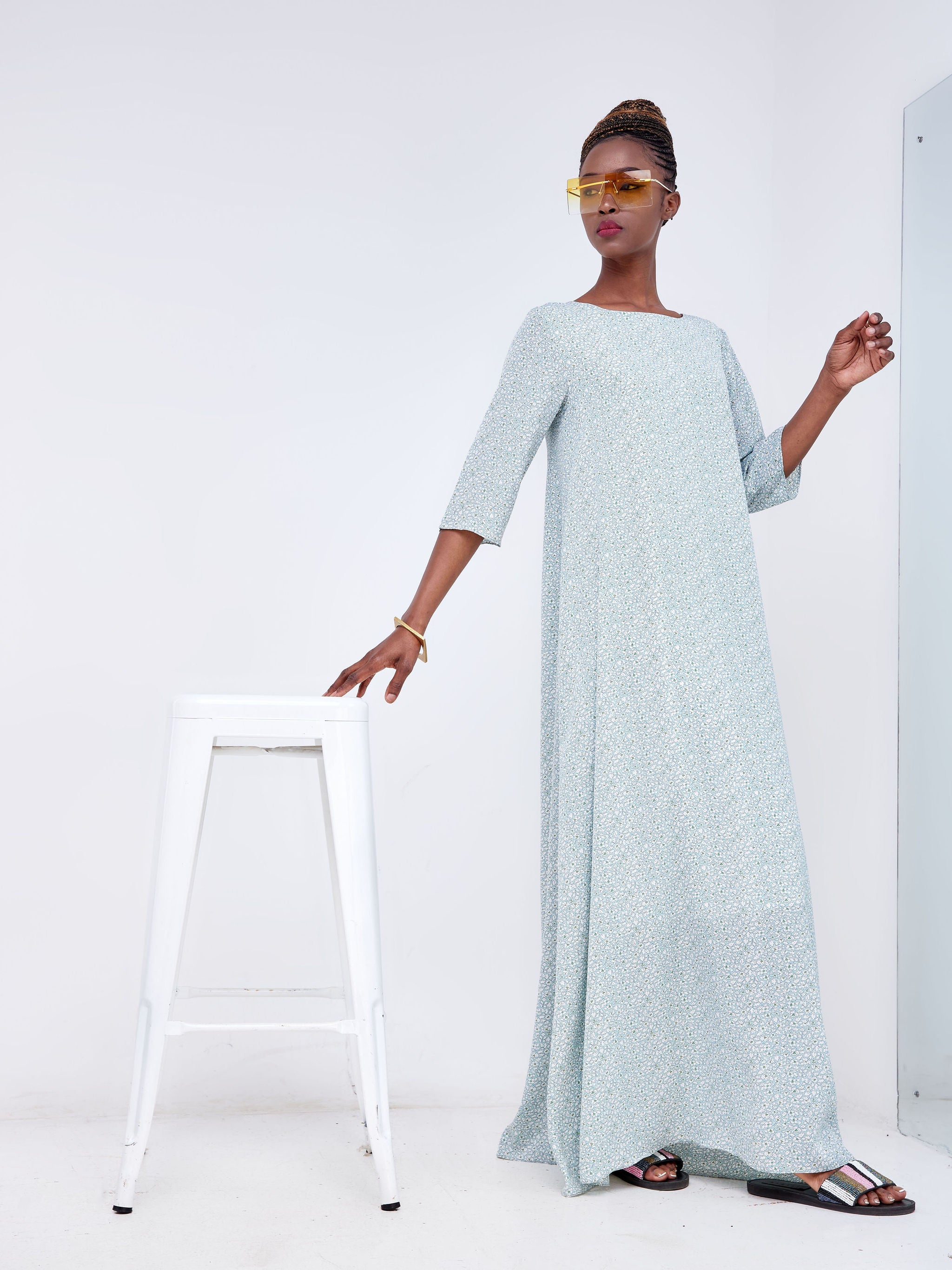Vivo Basic 3/4 Sleeve Maxi Dress - Sea Green / White Floral Print