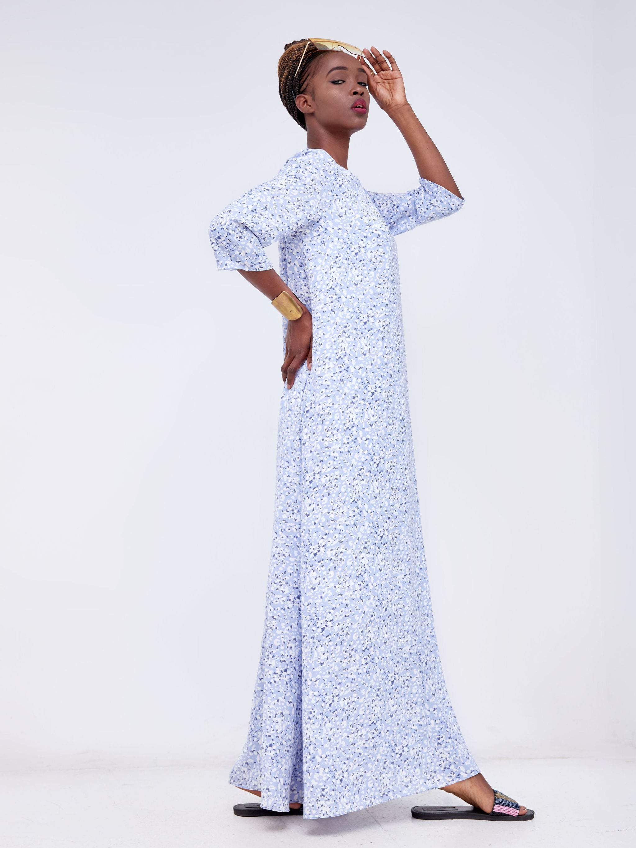 Vivo Basic 3/4 Sleeve Maxi Dress - Sea Green / White Floral Print