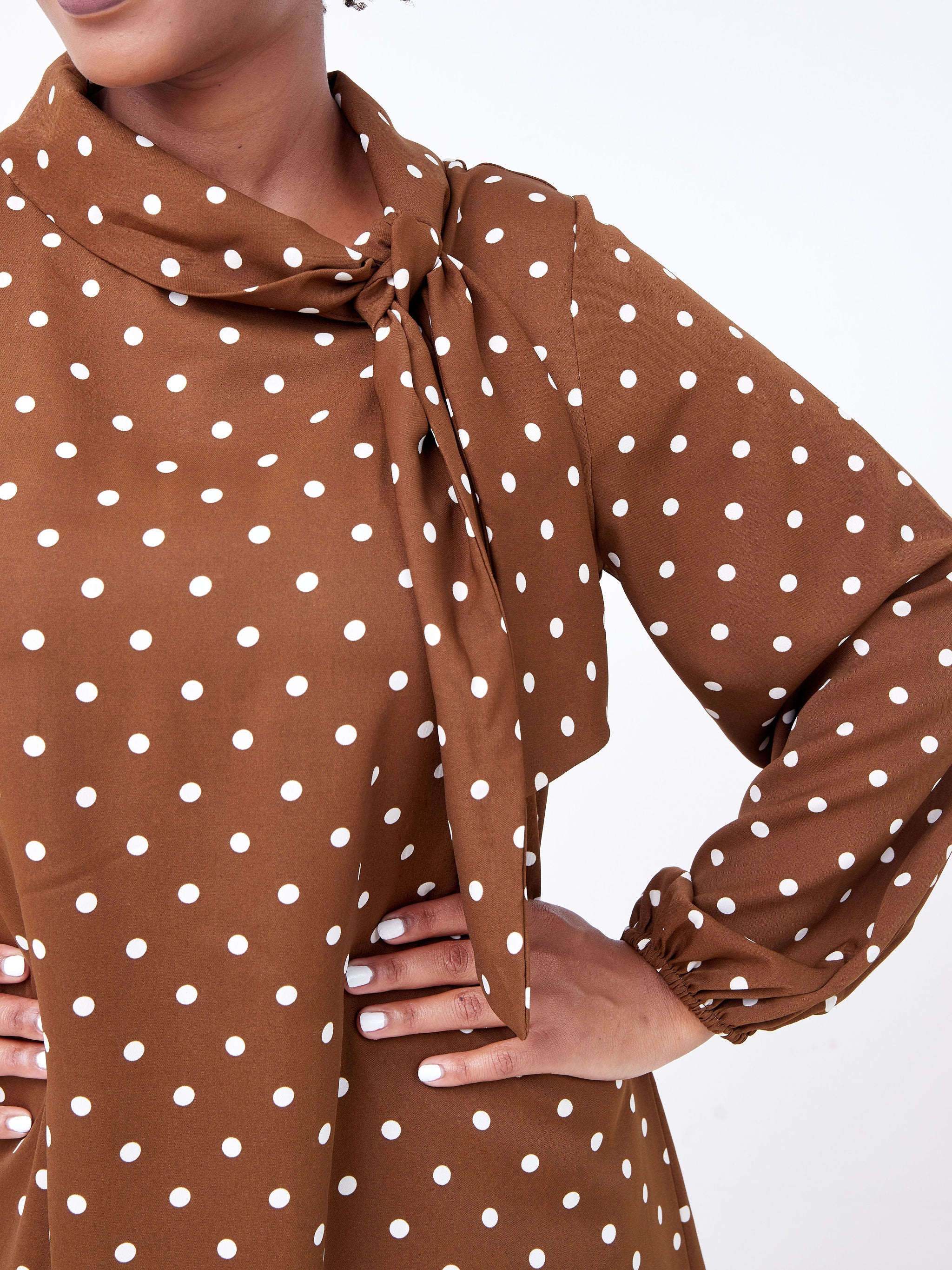Vivo Bissa Bishop Sleeve Knee Length Dress - Brown / White Polka Dot Print