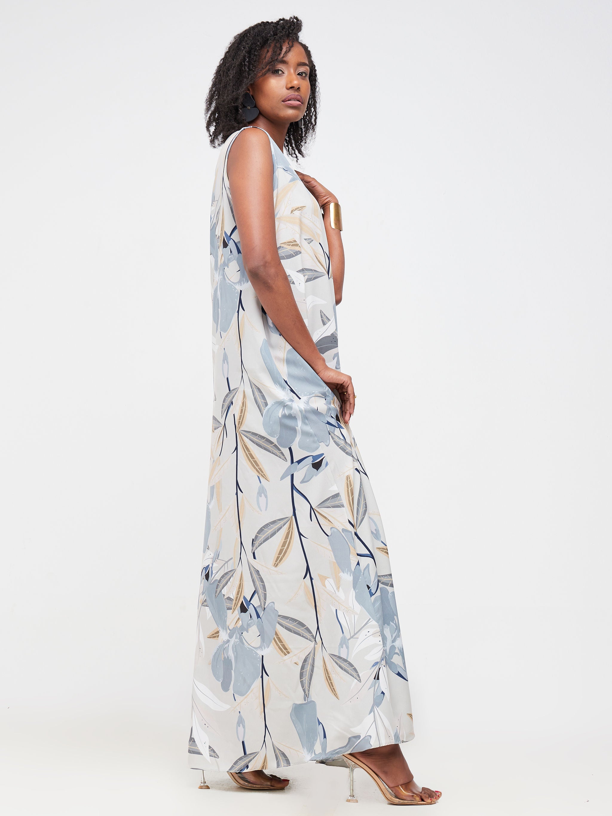 Vivo Basic Sleeveless Tent Maxi Dress - Grey Floral Print