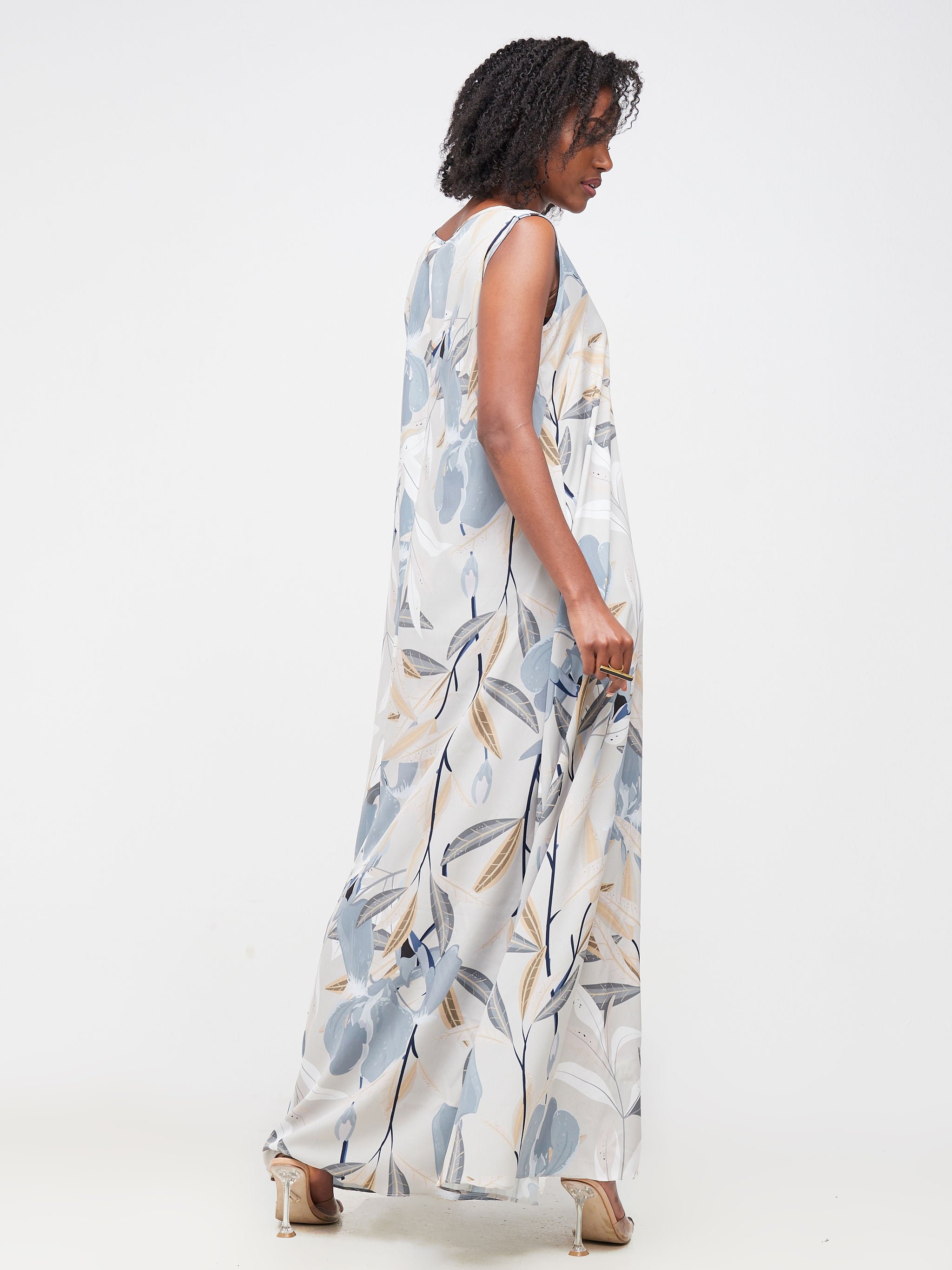 Vivo Basic Sleeveless Tent Maxi Dress - Grey Floral Print