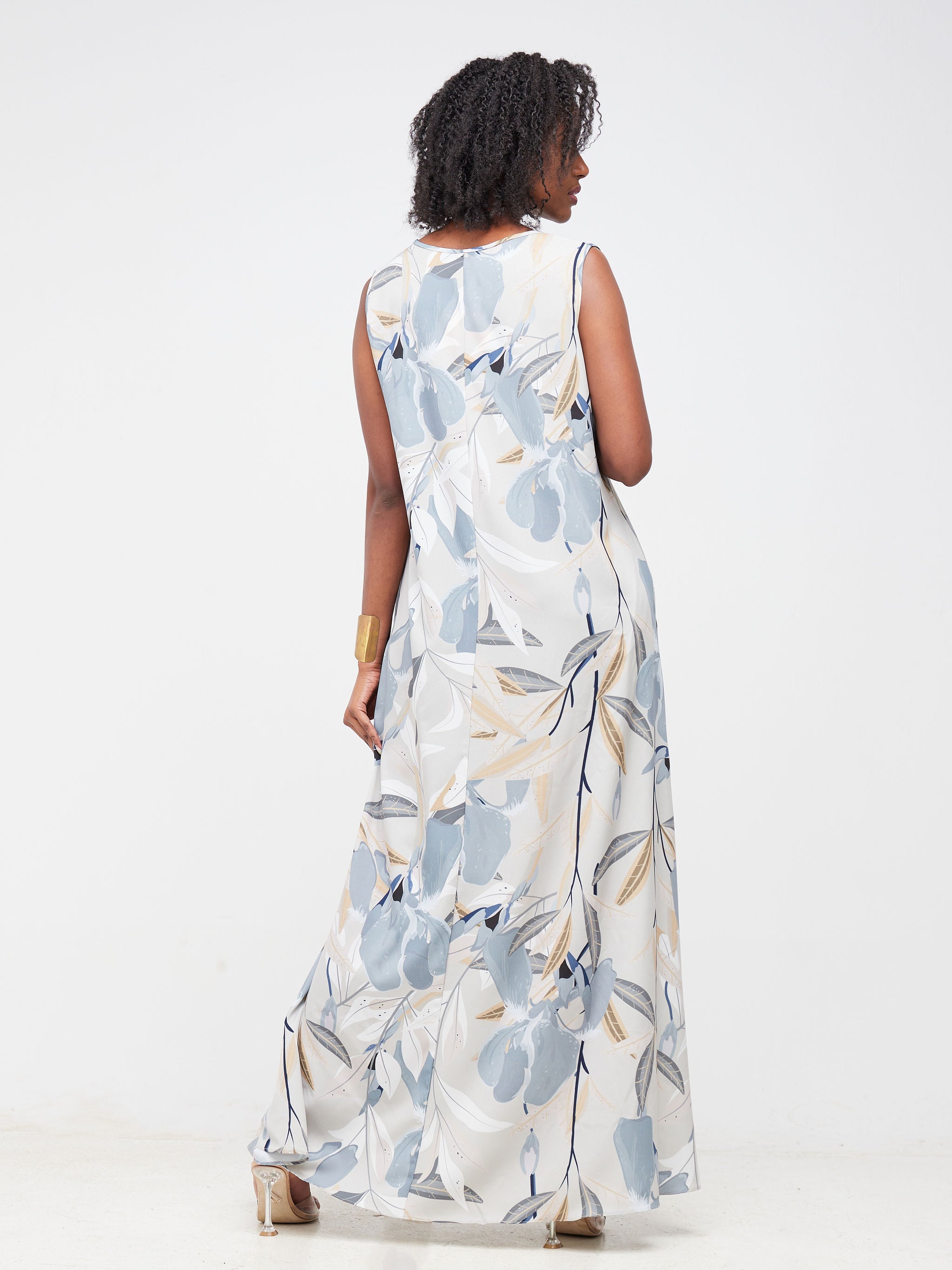 Vivo Basic Sleeveless Tent Maxi Dress - Grey Floral Print