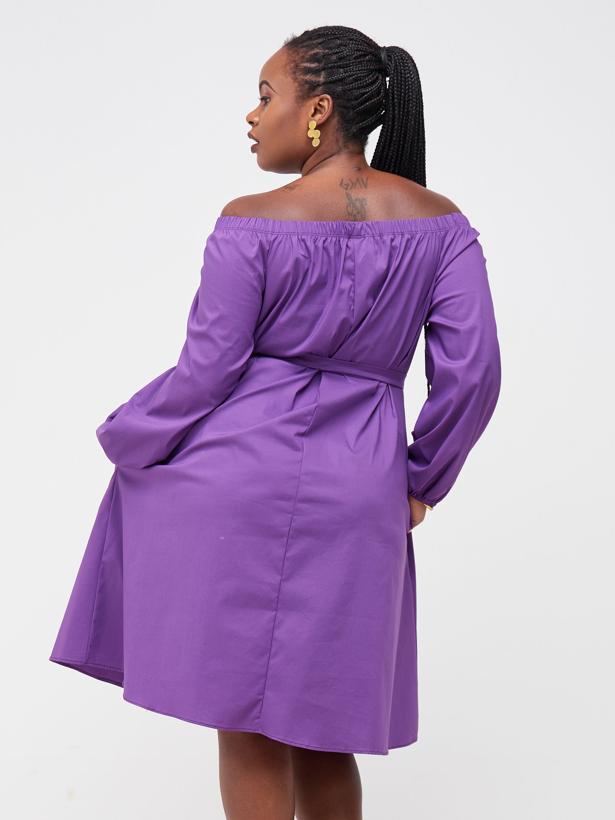 Safari Tawi Off Shoulder Knee Length Dress - Purple