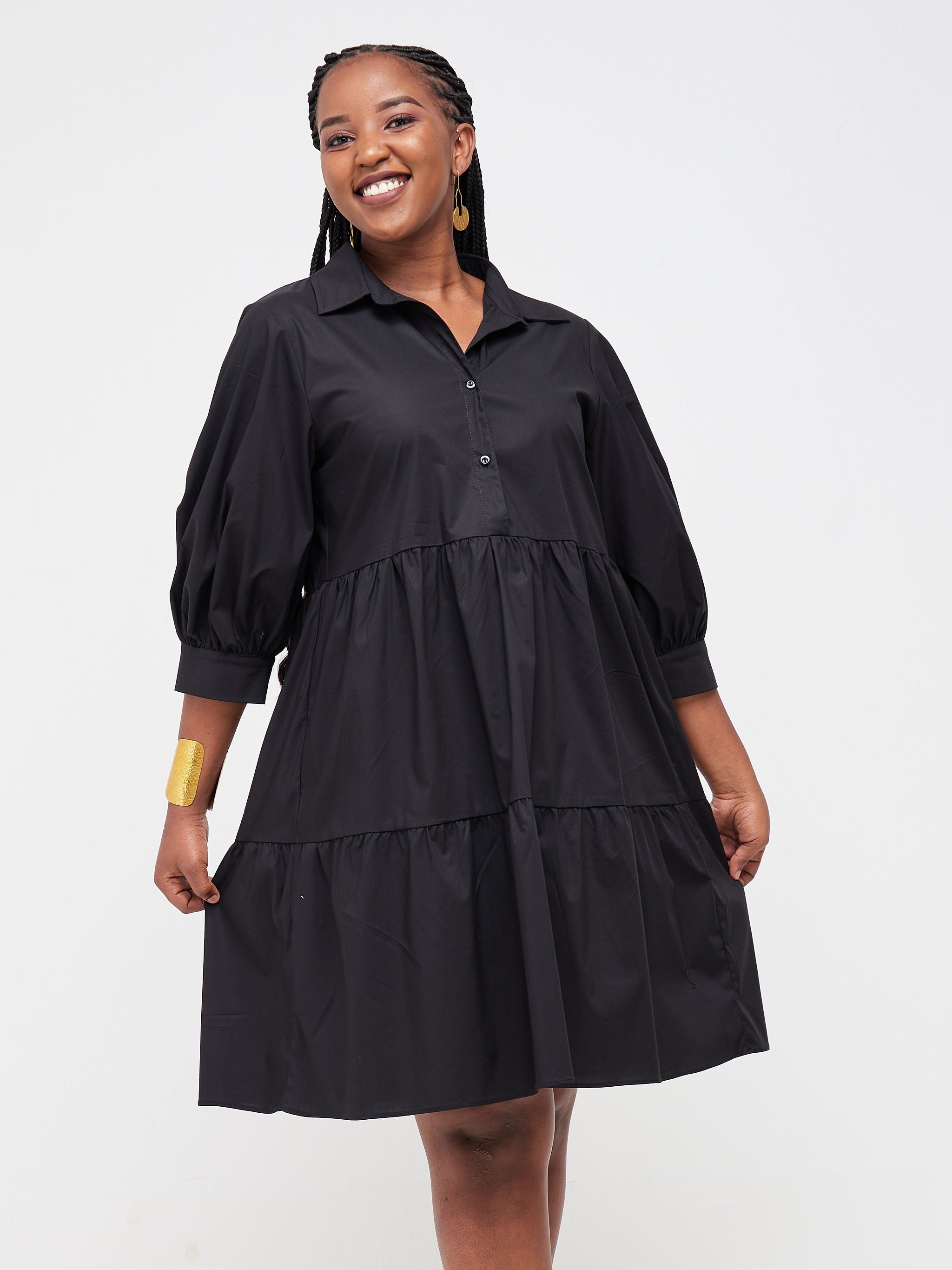 Safari Tawi Shirt Collar Bishop Sleeve Tiered Dress - Black