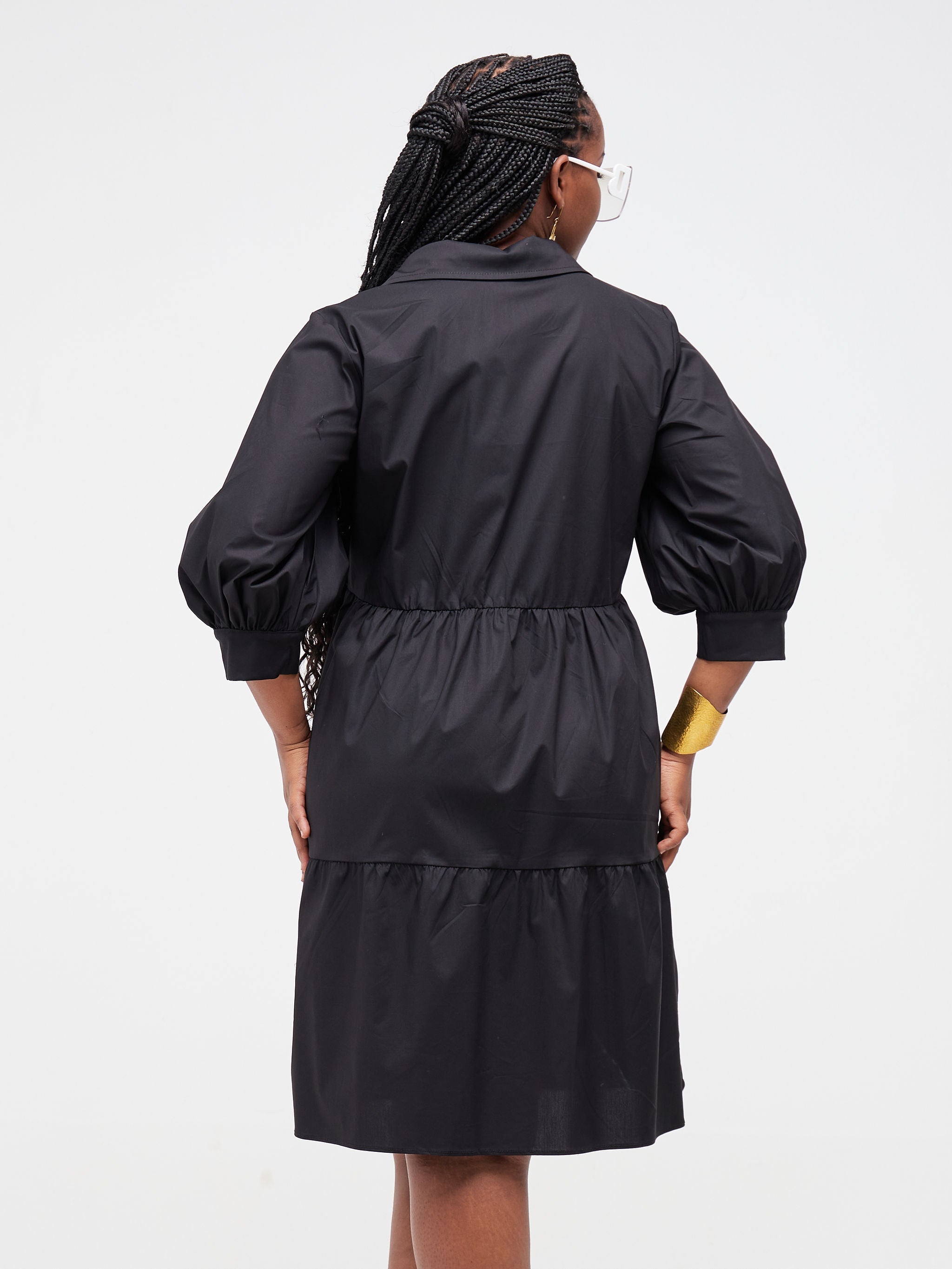 Safari Tawi Shirt Collar Bishop Sleeve Tiered Dress - Black