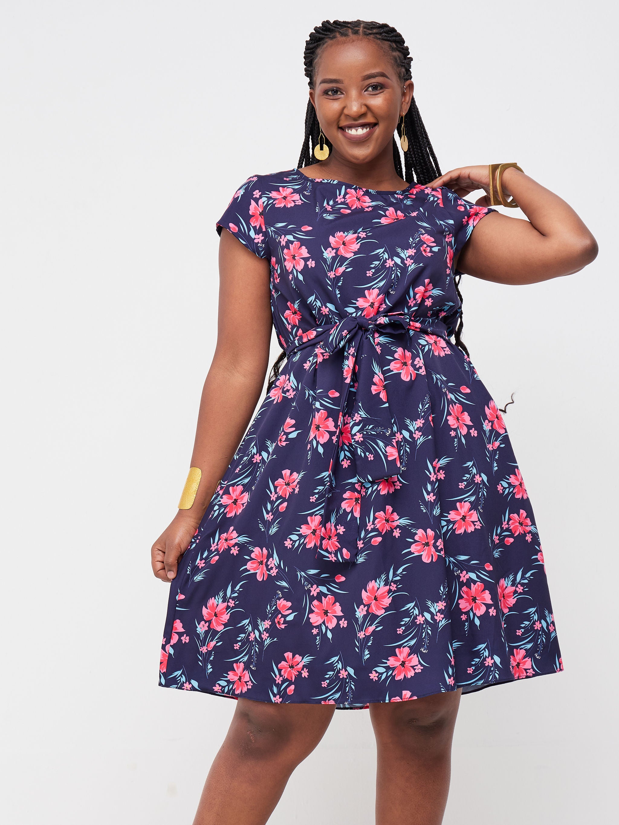 Vivo Basic Cap Sleeve Knee Length Tent Dress - Navy Blue / Pink Floral Print