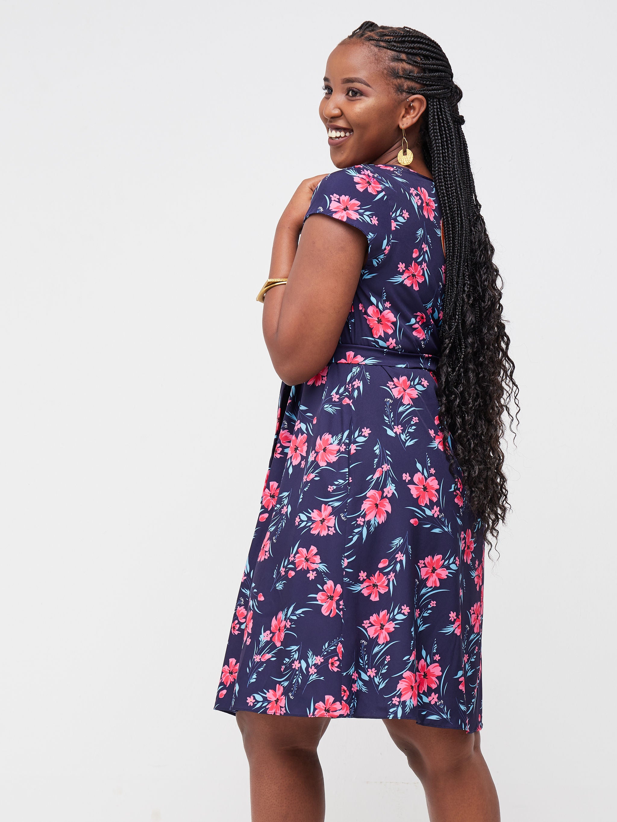 Vivo Basic Cap Sleeve Knee Length Tent Dress - Navy Blue / Pink Floral Print