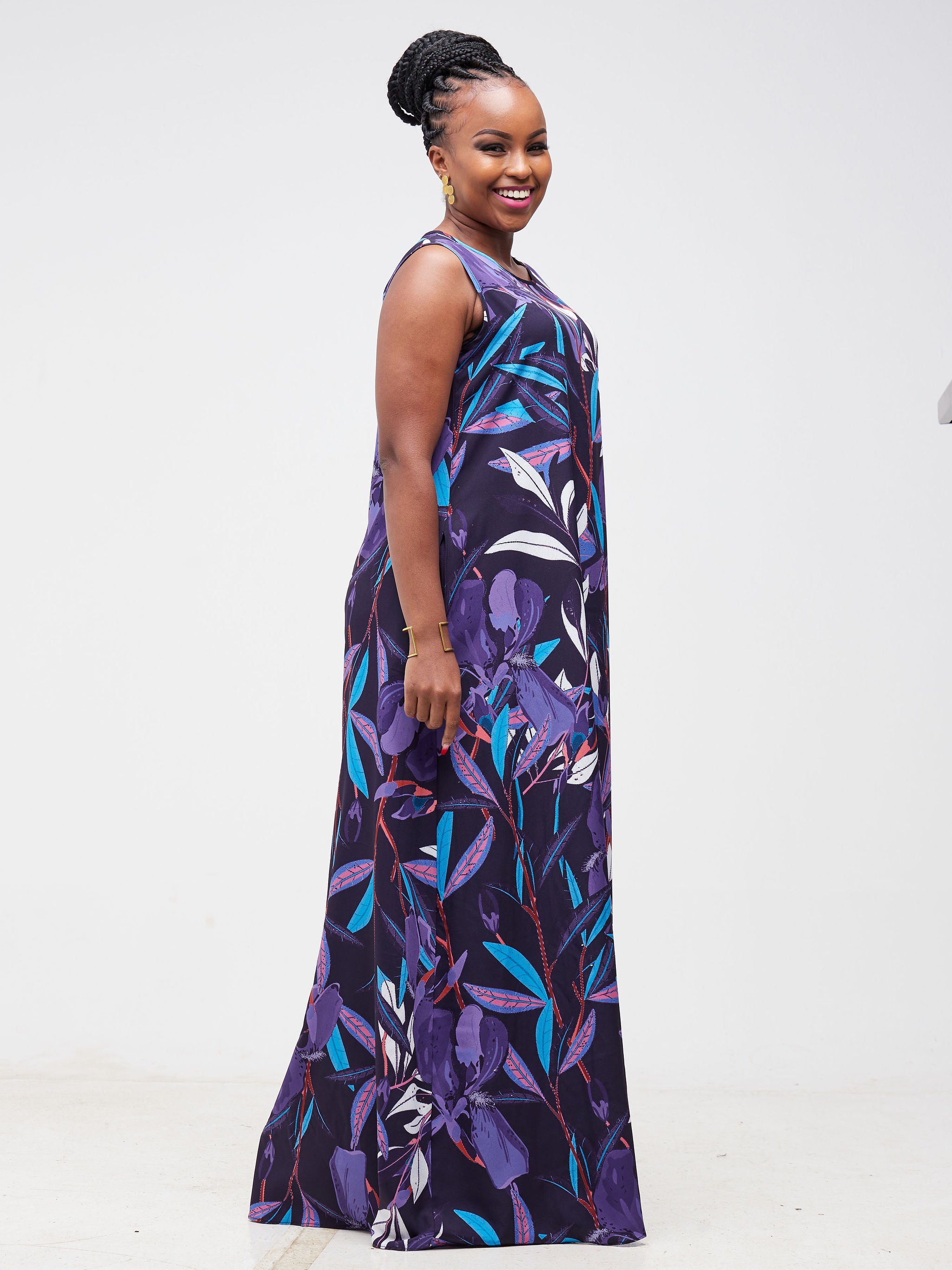 Vivo Basic Sleeveless Tent Maxi Dress Navy Blue Purple Floral Prin Vivo Fashion Group Kenya