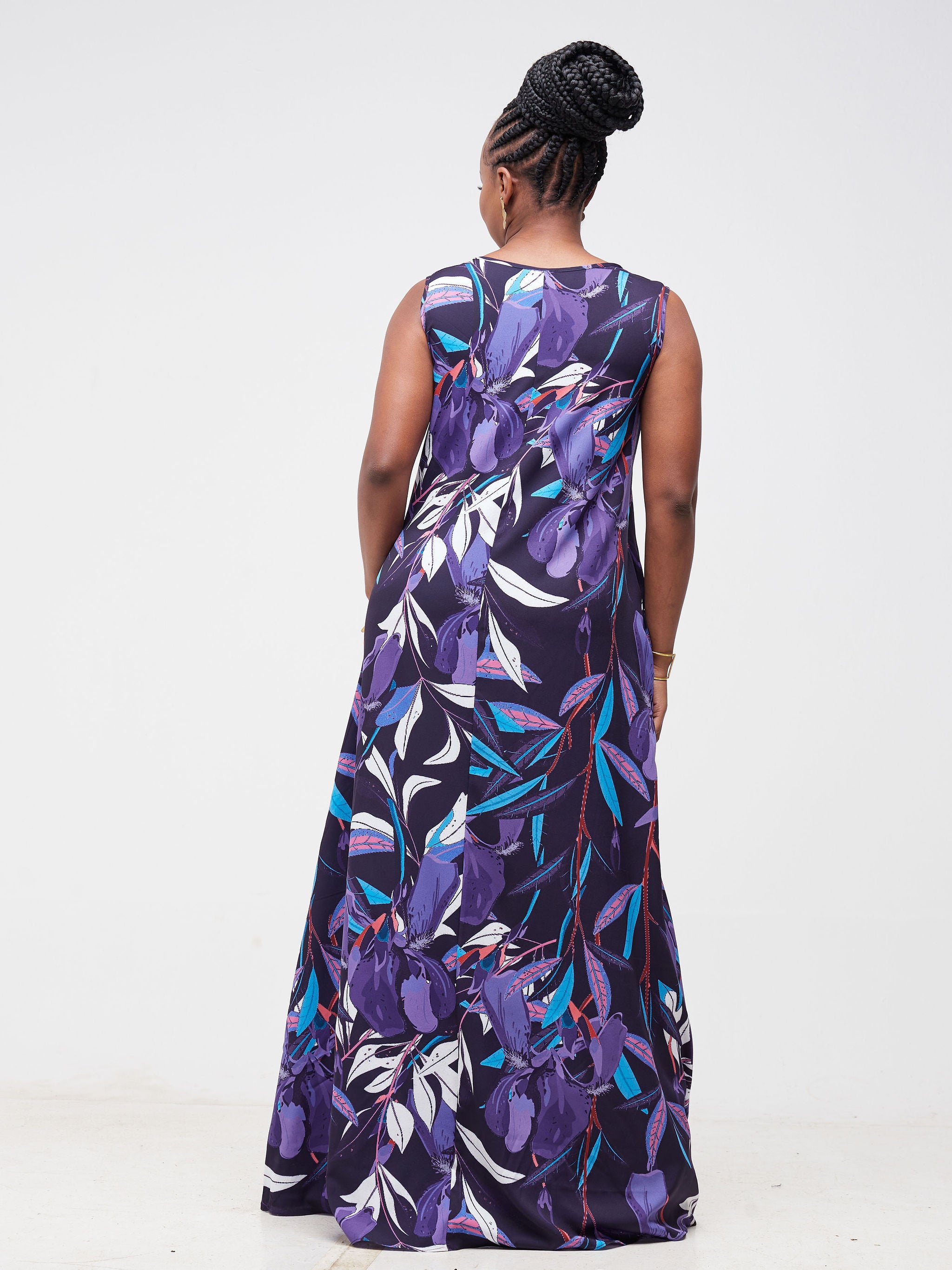Vivo Basic Sleeveless Tent Maxi Dress - Navy Blue / Purple Floral Print
