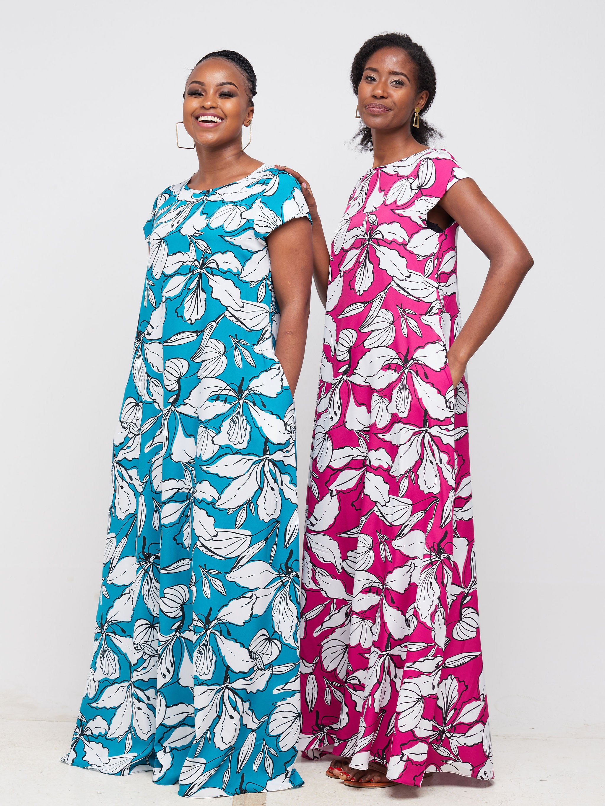 Vivo Basic Cap Sleeved Tent Maxi Dress - Pink  / White Floral Print