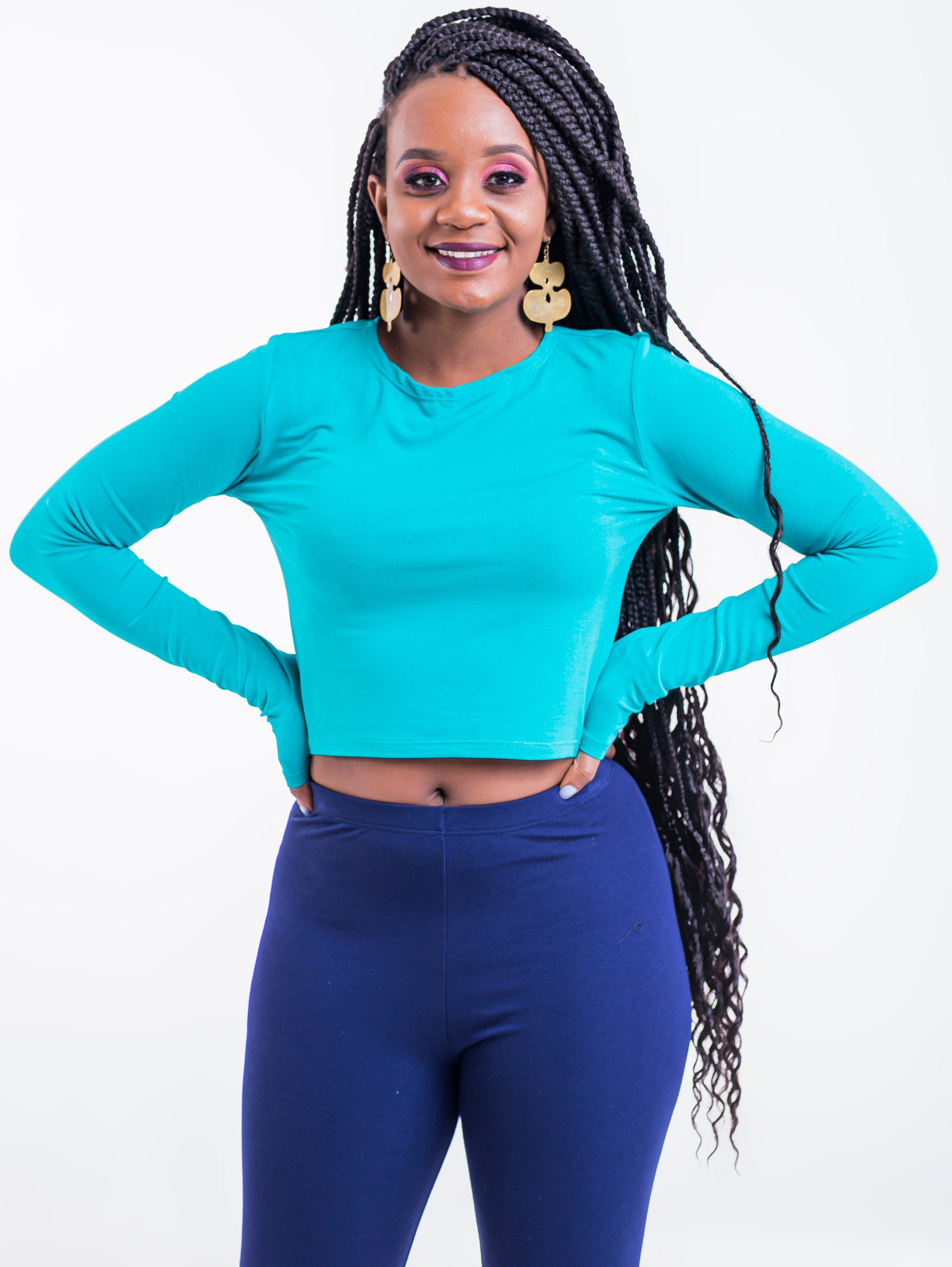 Zetu Long Sleeved Crewneck Crop Top - Sea Green - Shop Zetu