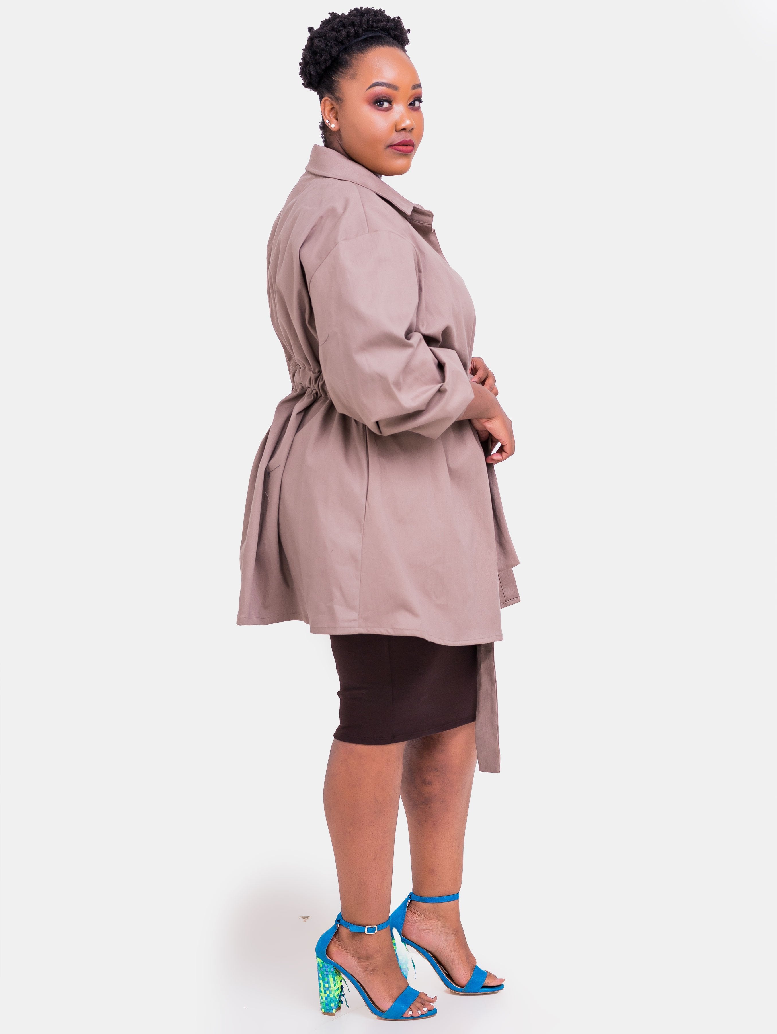 Safari Long Peplum Coat - Taupe - Shop Zetu