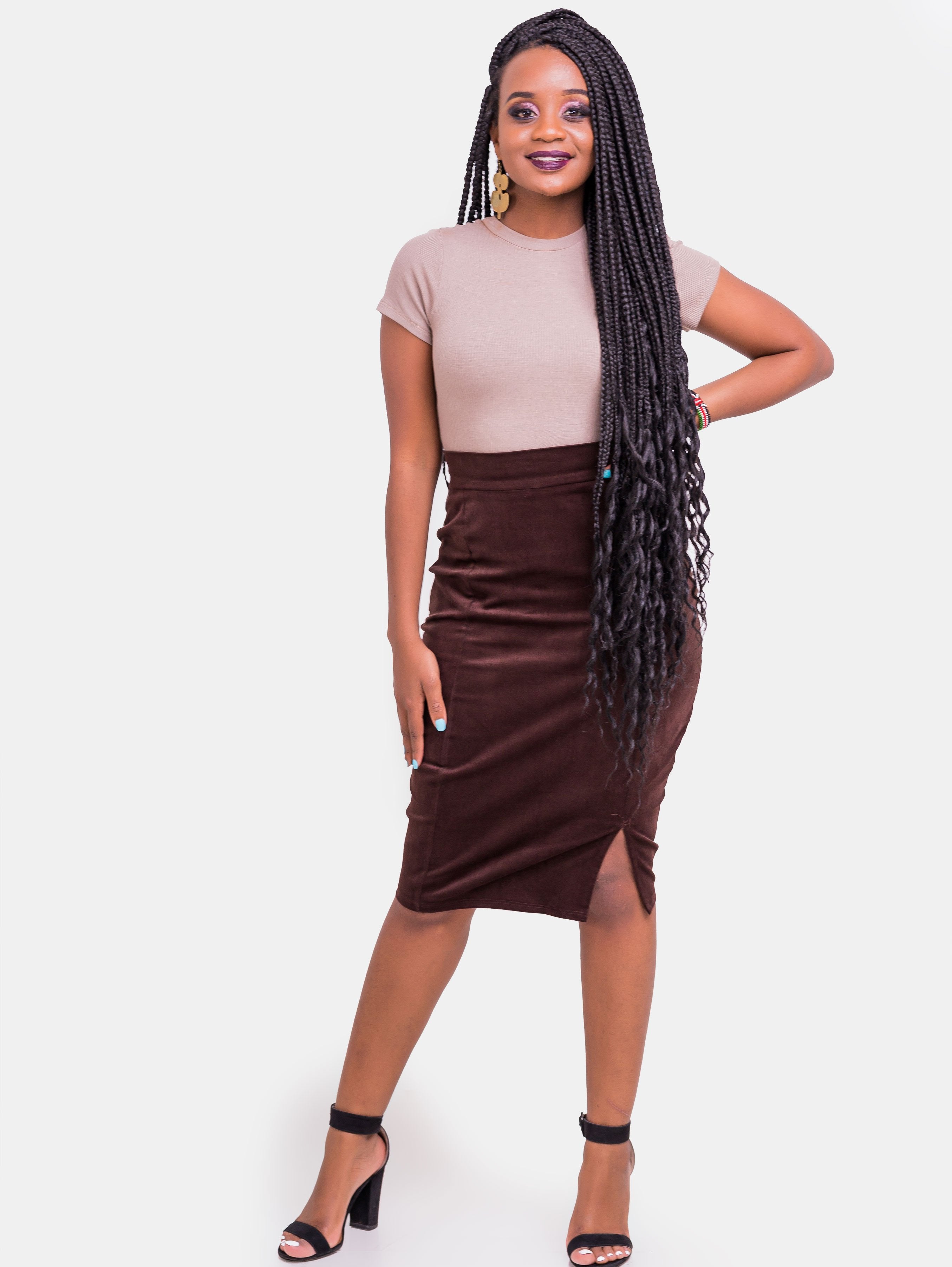 Vivo Corduroy Front Slit Skirt - Brown - Shop Zetu