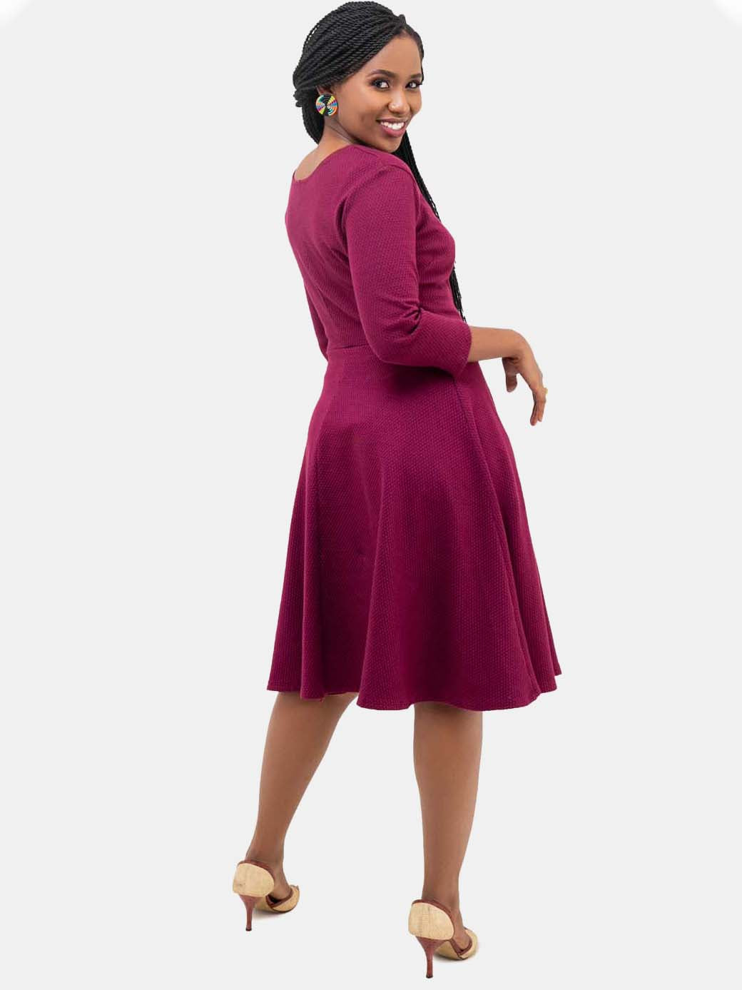 Vivo Basic 3/4 Sleeve Ponte Circular Dress - Burgundy