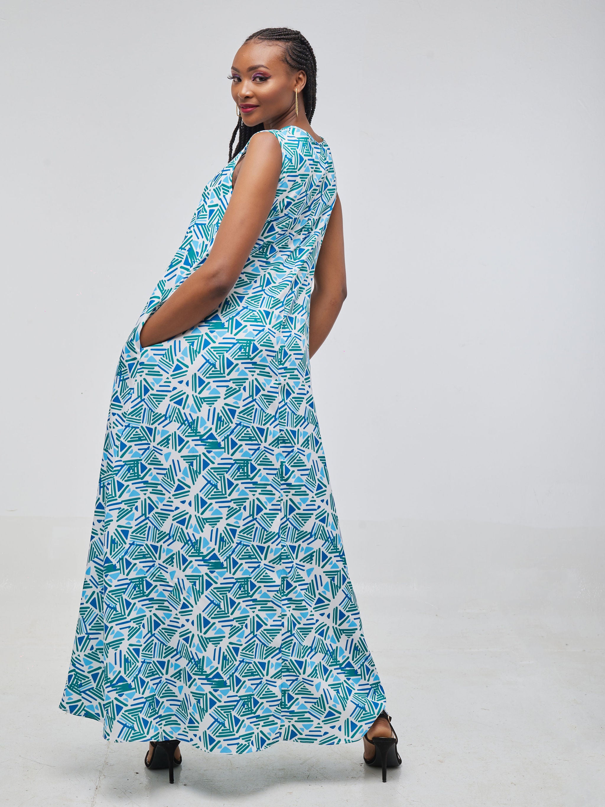 Vivo Basic Sleeveless Tent Maxi Dress - Green Print