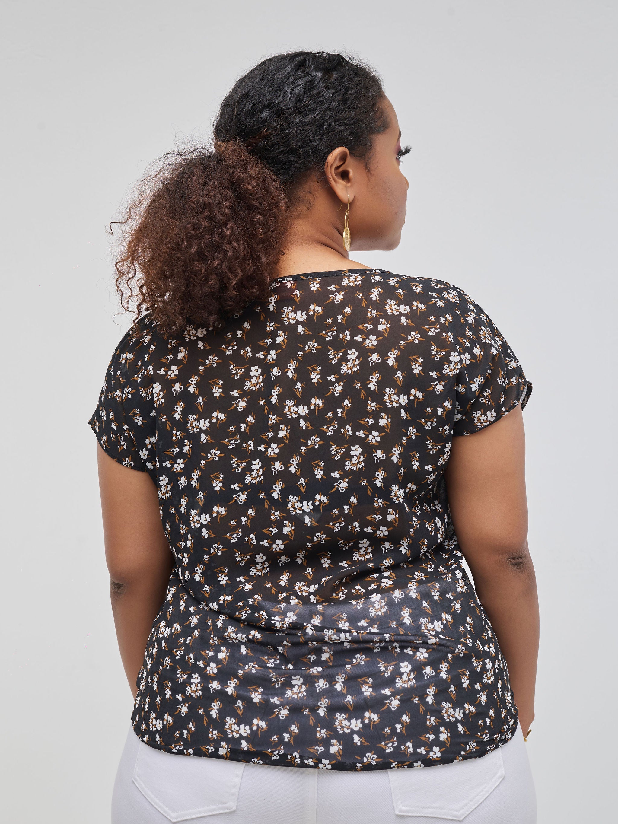 Vivo Basic Chiffon Dropped Shoulder Top - Black Floral Print