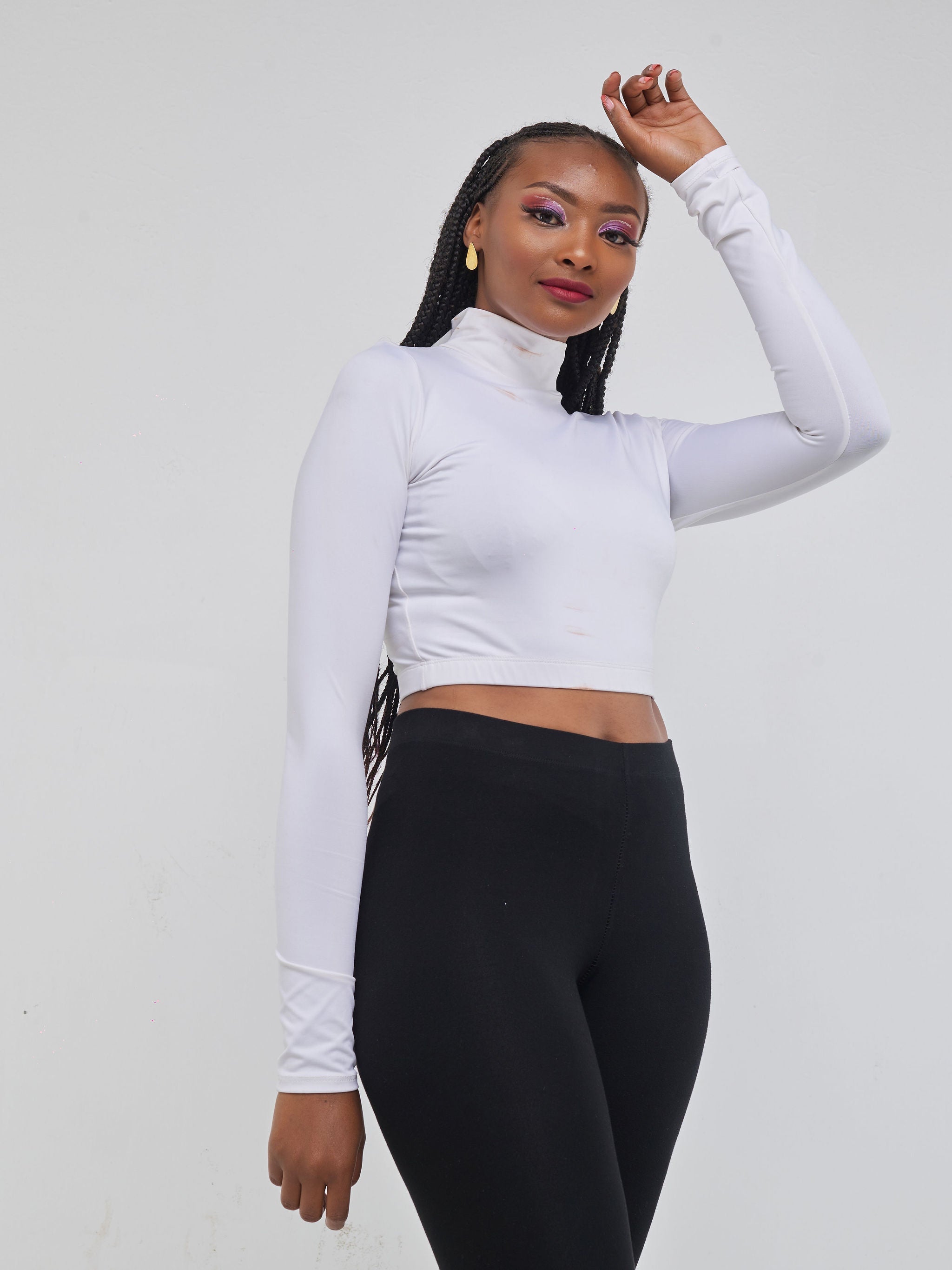 Zoya Mock Neck Long Sleeve Fitness Crop Top - White