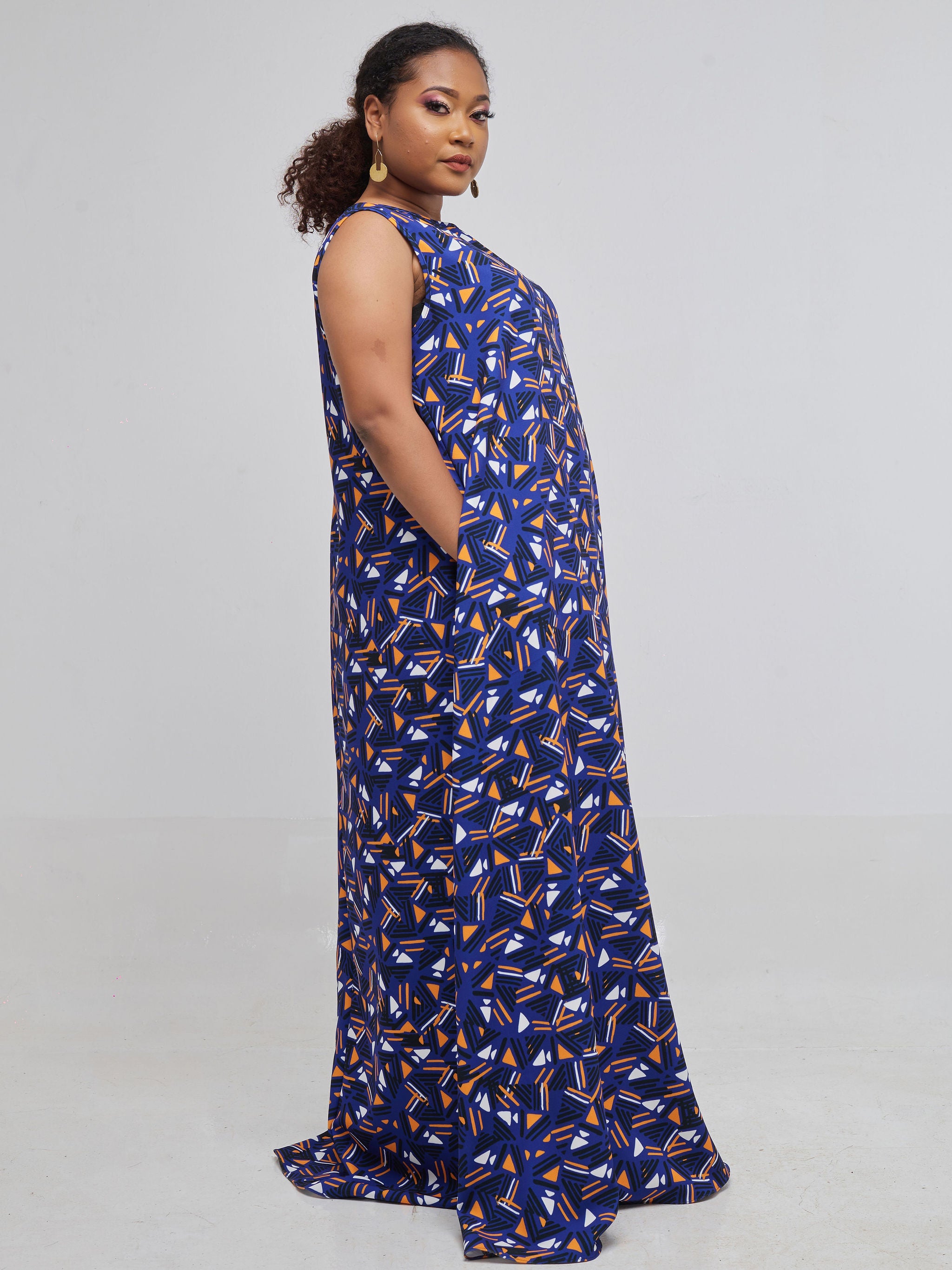 Vivo Basic Sleeveless Tent Maxi Dress - Navy Blue Print