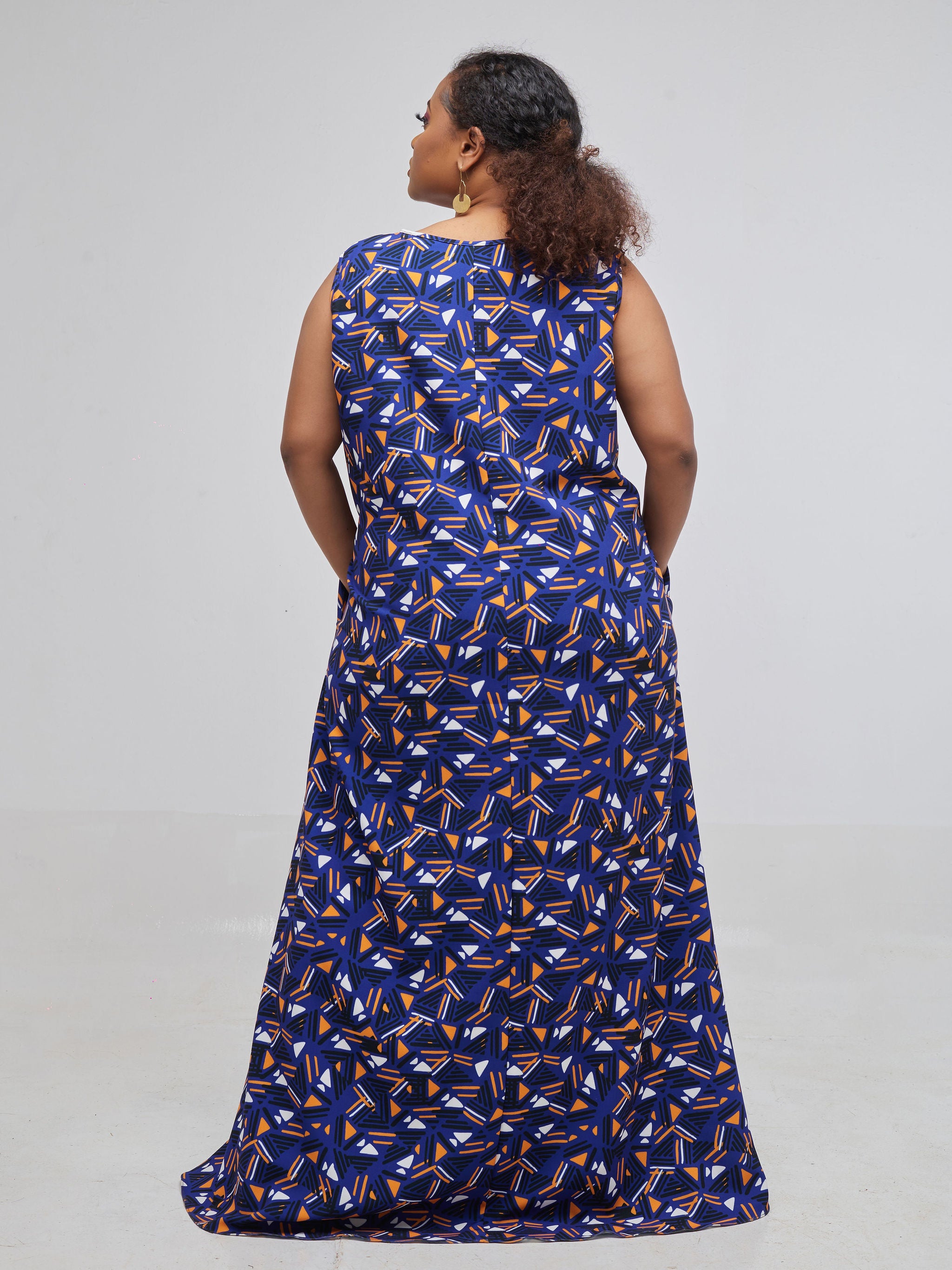 Vivo Basic Sleeveless Tent Maxi Dress - Navy Blue Print