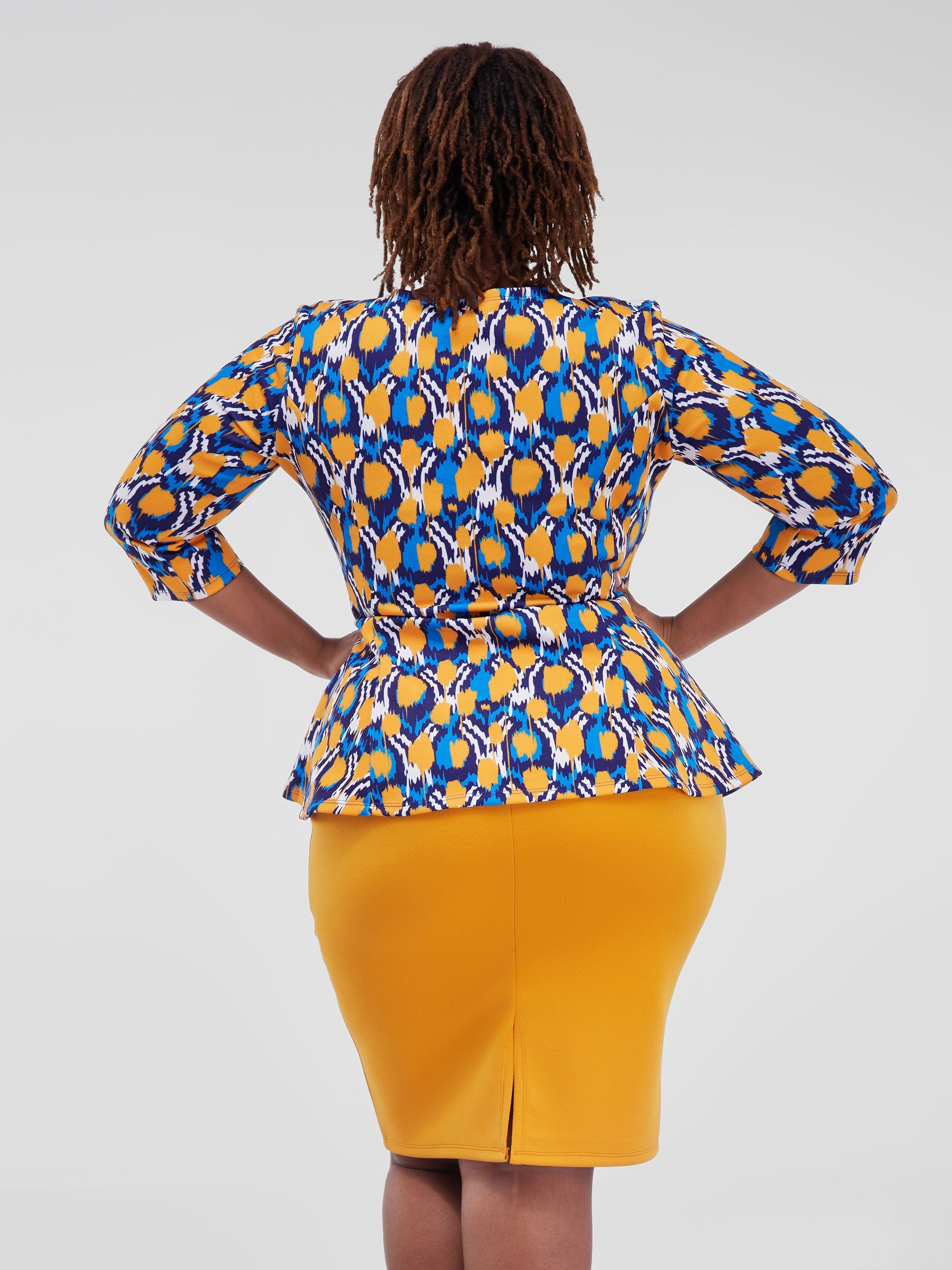 Vivo Hema 3/4 Sleeve Panelled Flounce Top - Navy Blue / Mustard Print