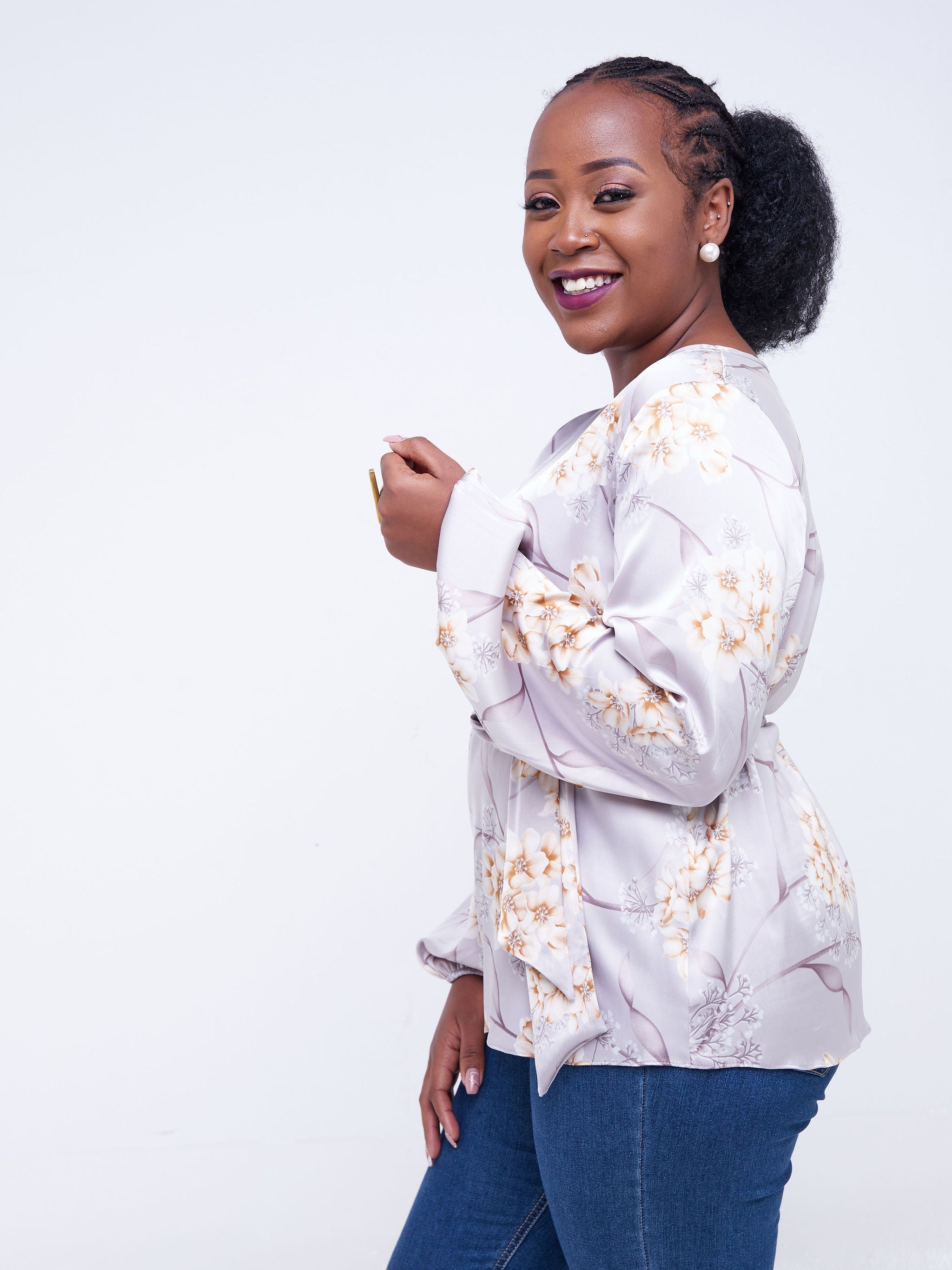 Vivo Basic Satin Bishop Sleeved Top - Grey / Taupe Floral Print