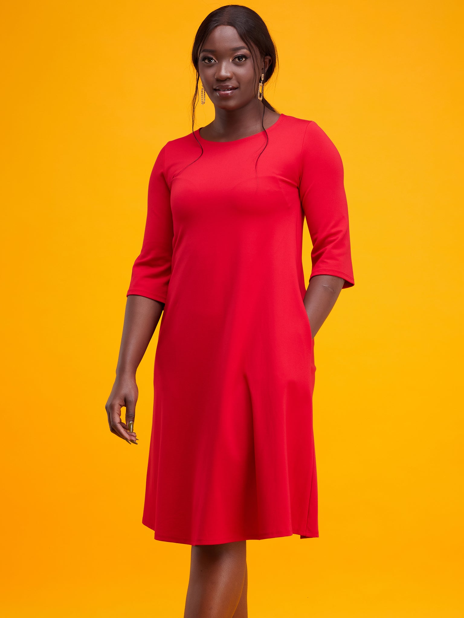 Vivo Basic 3/4 Sleeve Kena Tent Knee Length Dress - Red