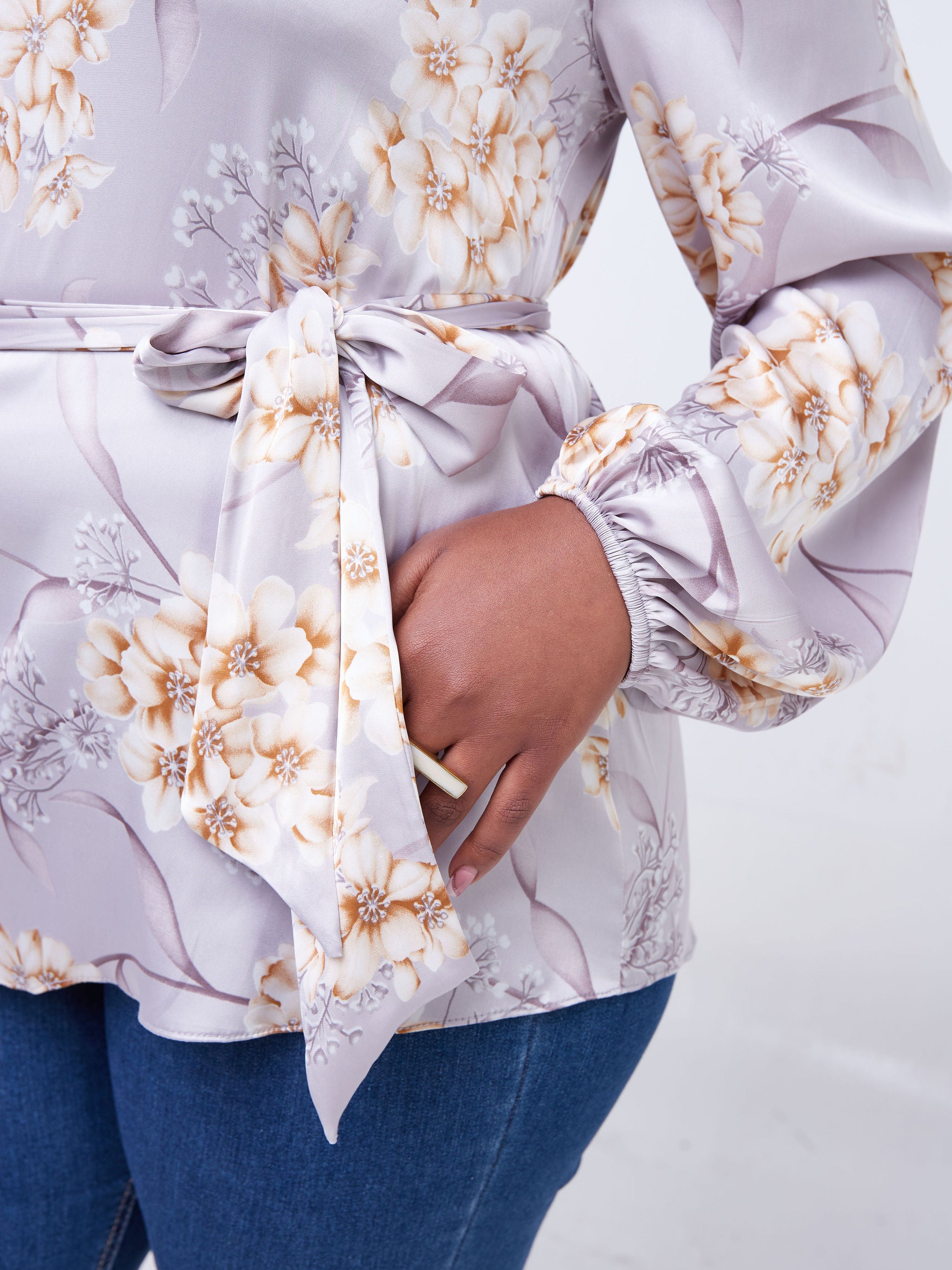 Vivo Basic Satin Bishop Sleeved Top - Grey / Taupe Floral Print