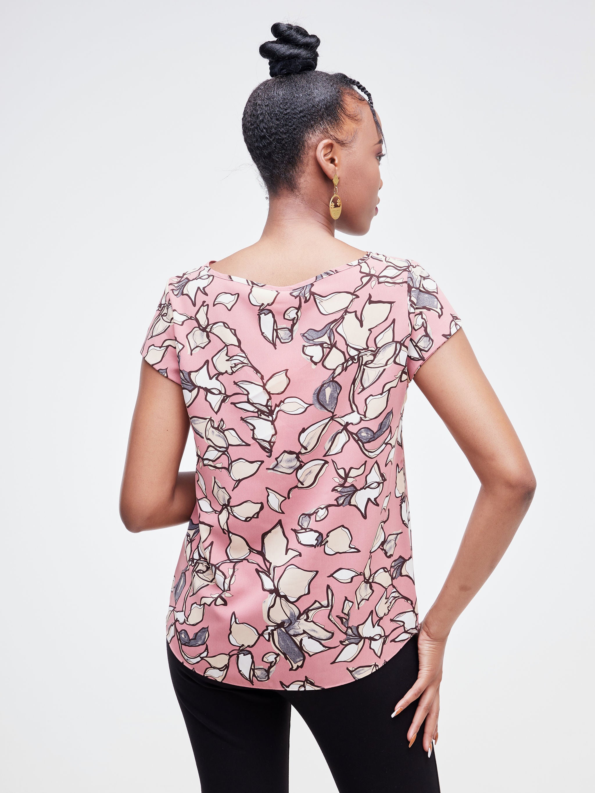 Vivo Basic Crepe Cap Sleeved Top - Pink / Taupe Floral Print