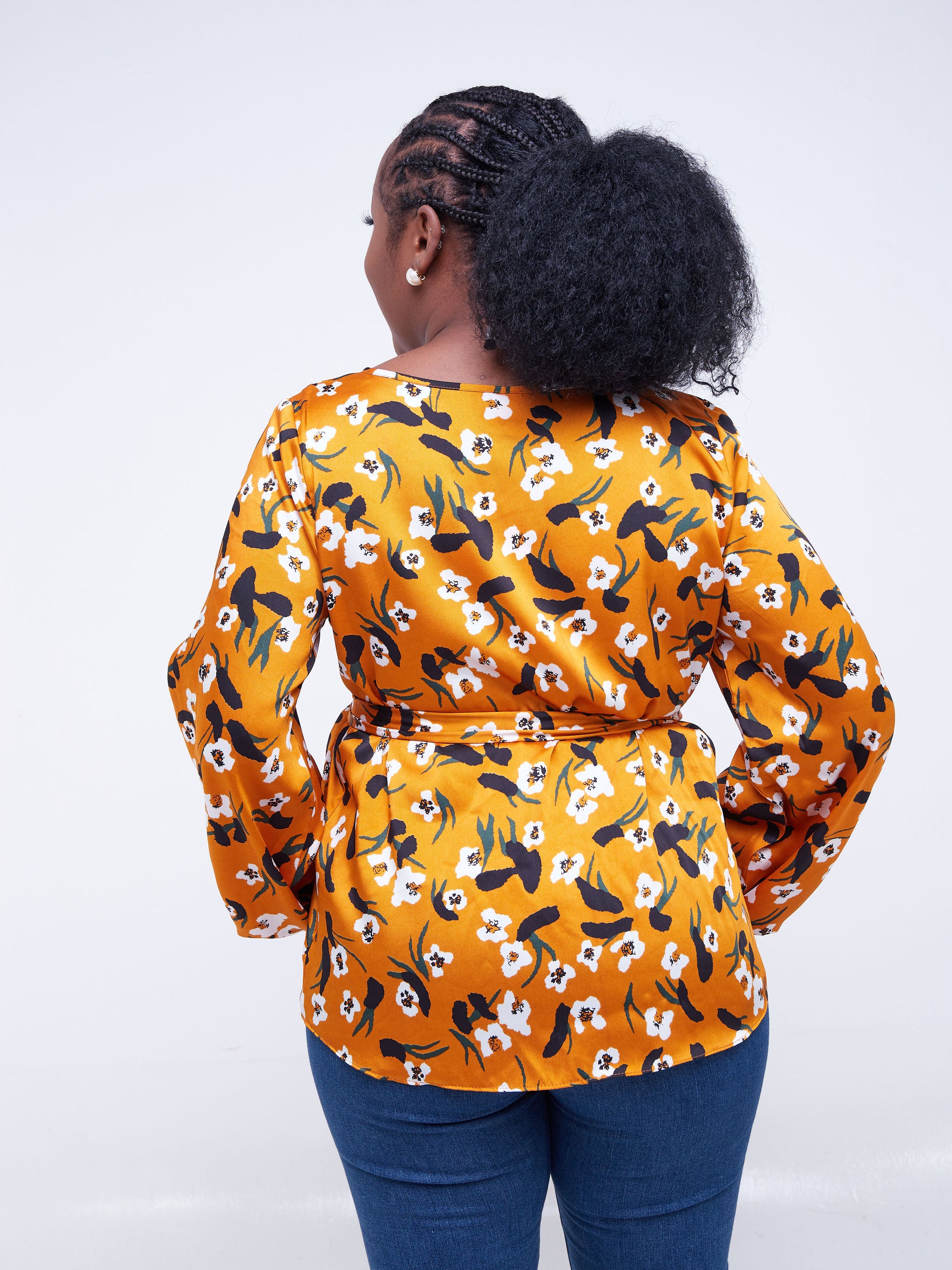 Vivo Basic Satin Bishop Sleeved Top - Orange / Black Floral Print