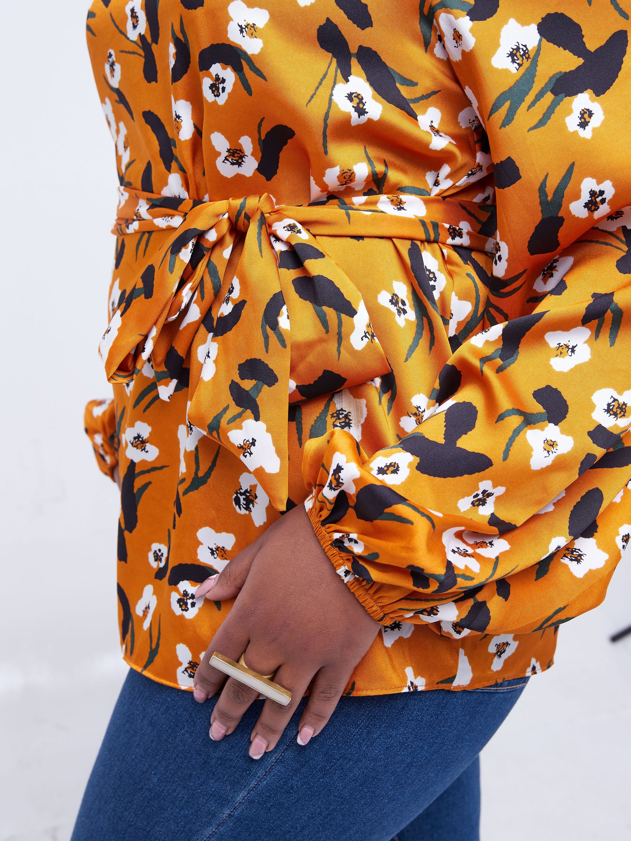 Vivo Basic Satin Bishop Sleeved Top - Orange / Black Floral Print