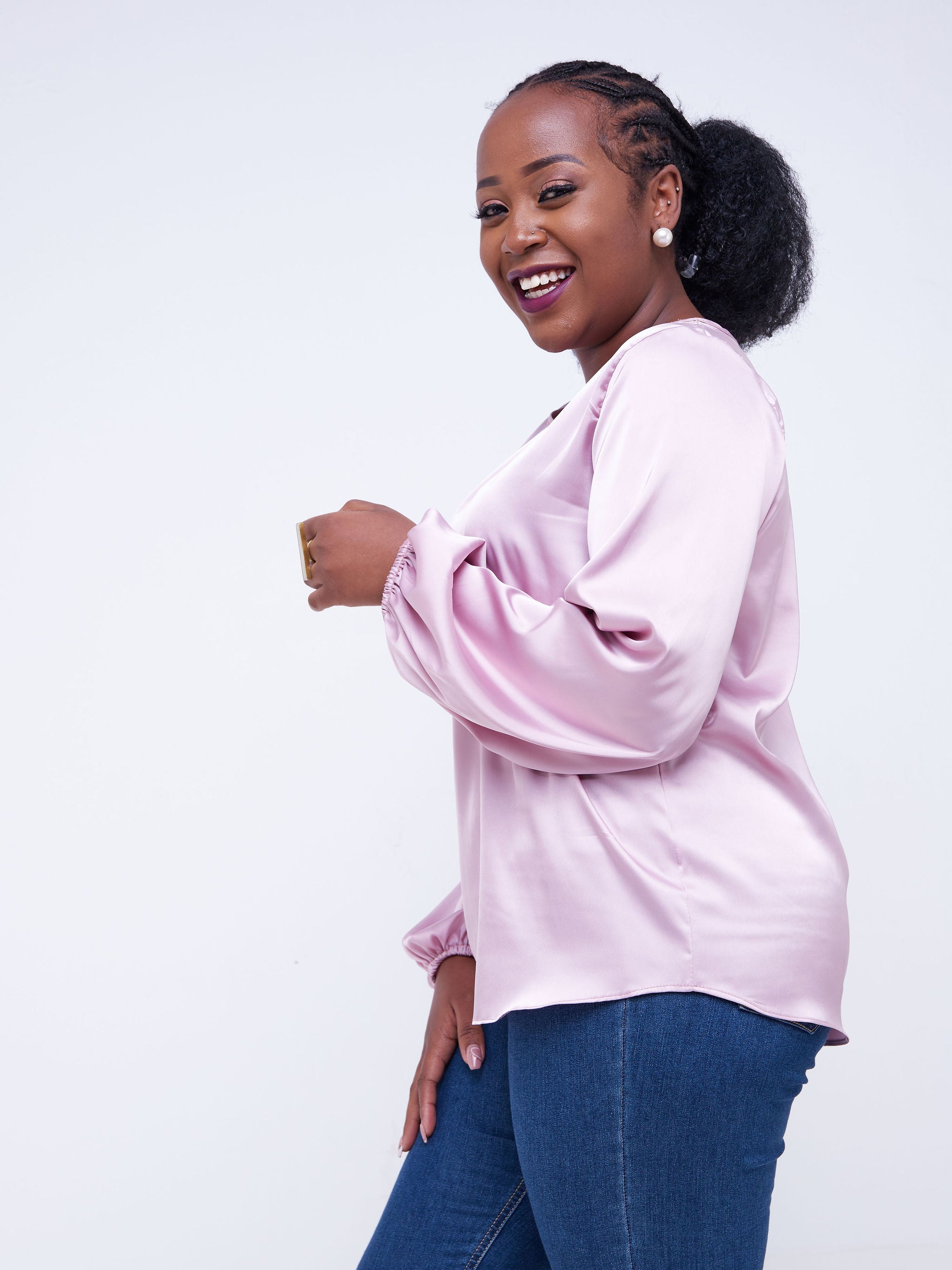Vivo Basic Satin Bishop Sleeved Top - Peach