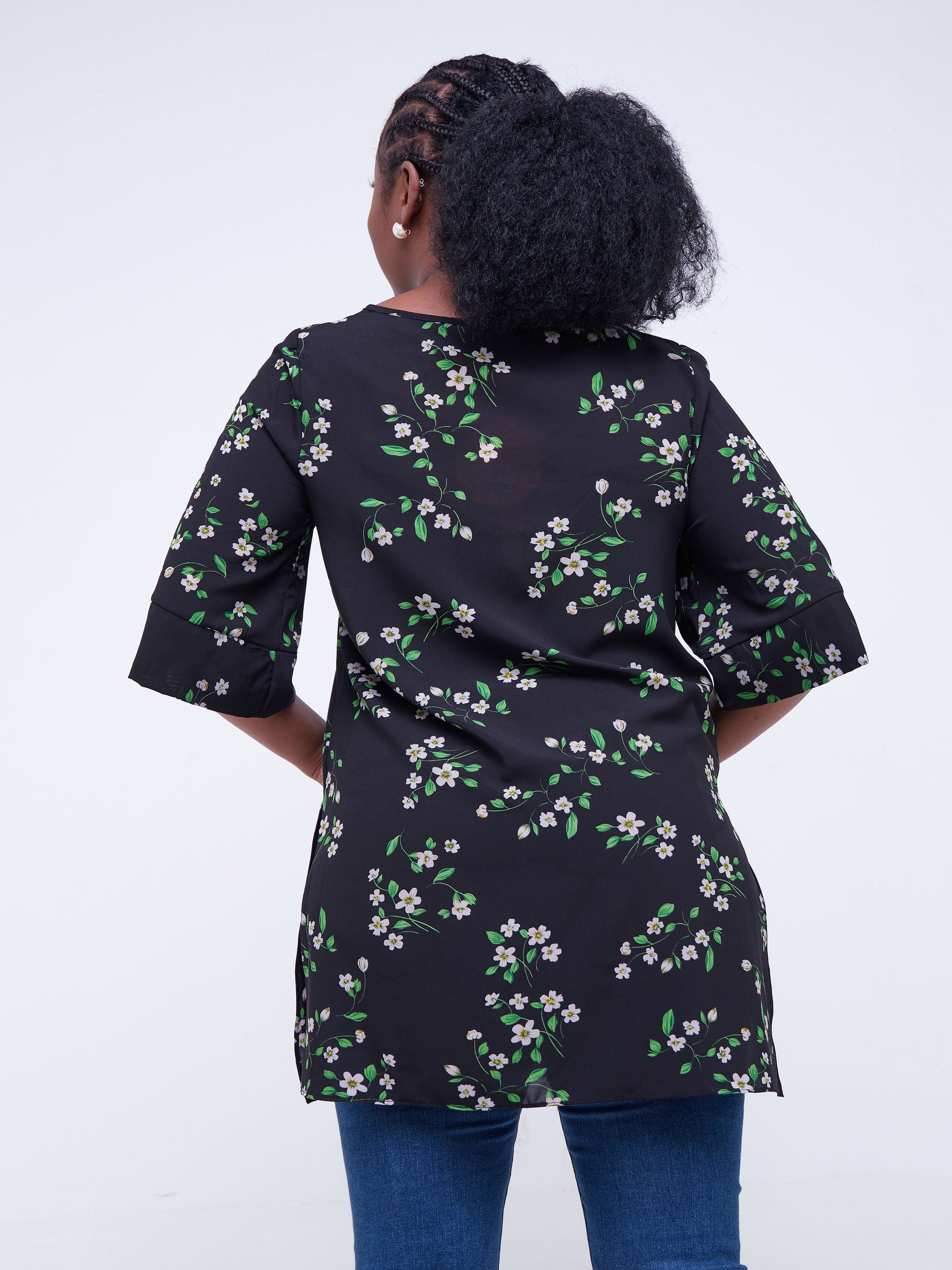 Safari Maisha Tunic Top - Black / Green Leaf Print