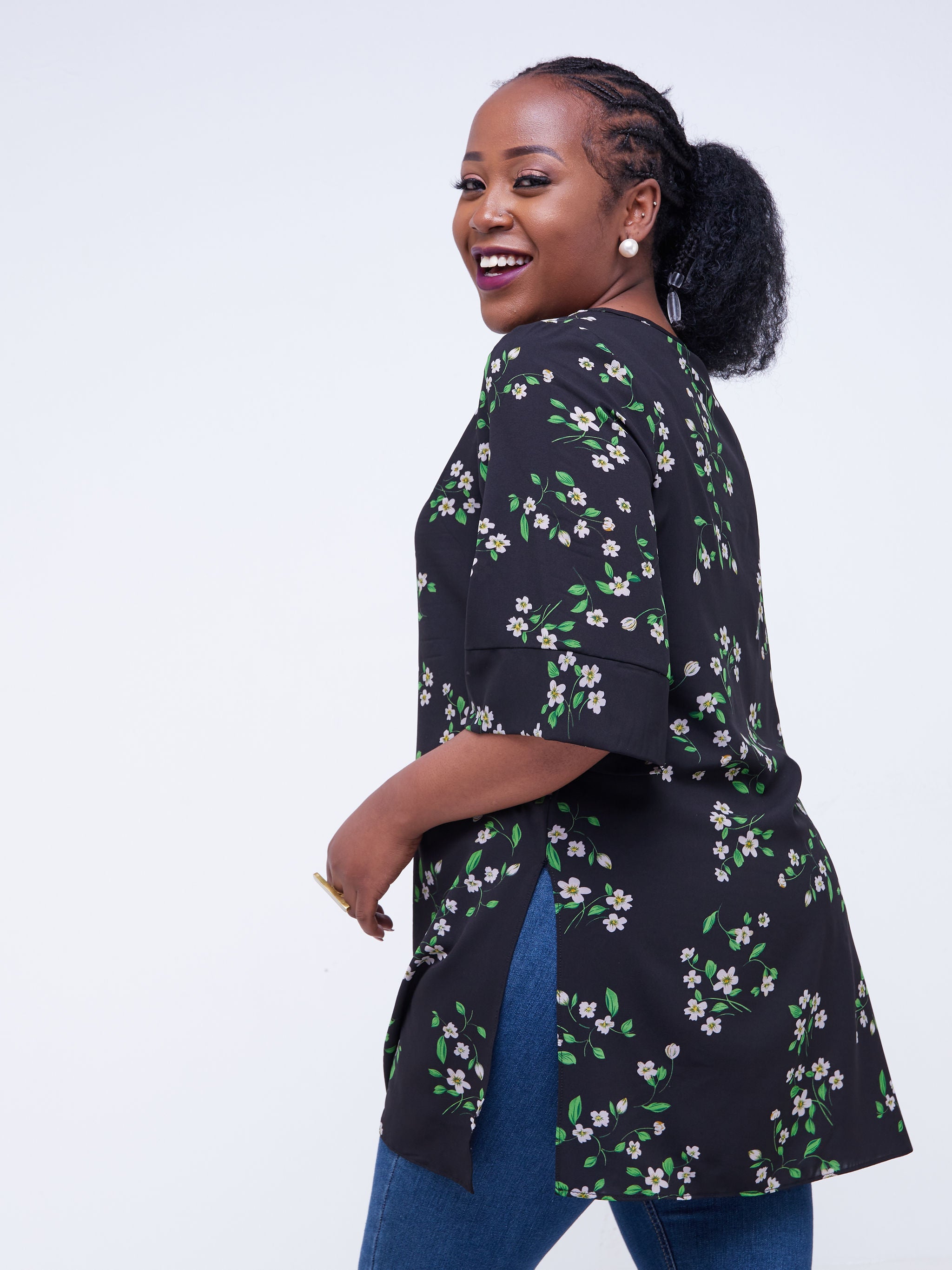 Safari Maisha Tunic Top - Black / Green Leaf Print