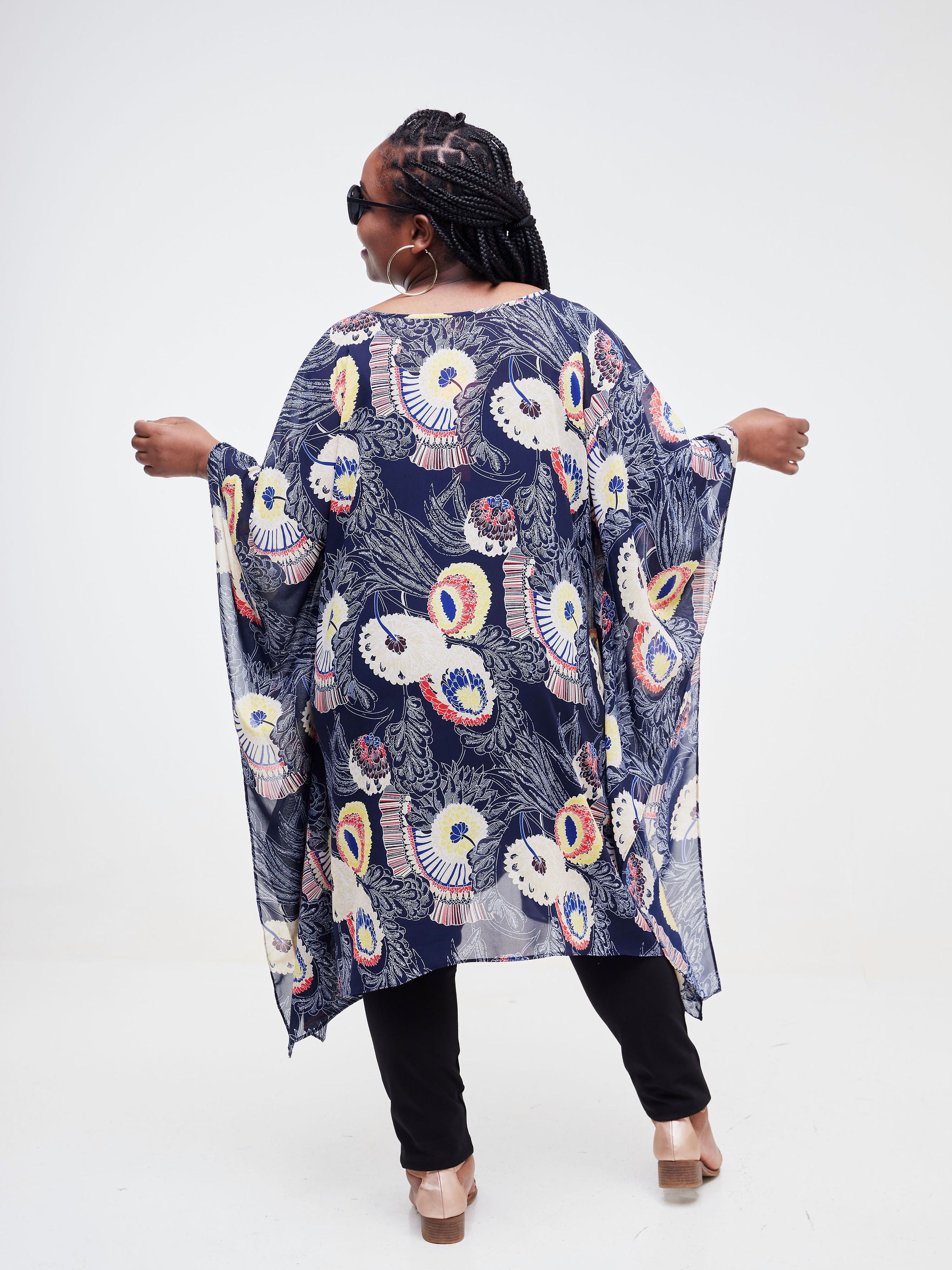 Vivo Basic Destiny Chiffon Top - Taupe / Royal Blue Floral Print