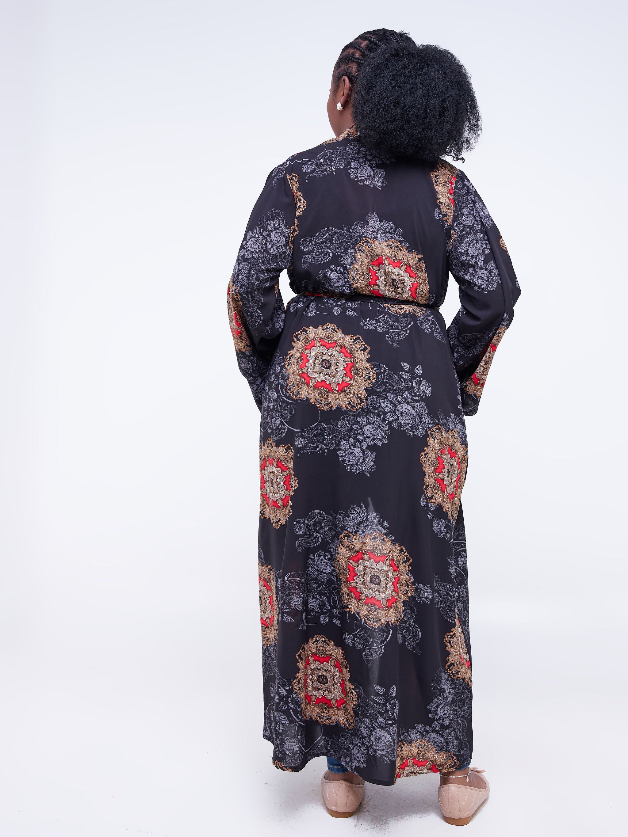 Safari Maisha Long Sleeved Kimono - Black / Red Abstract Print