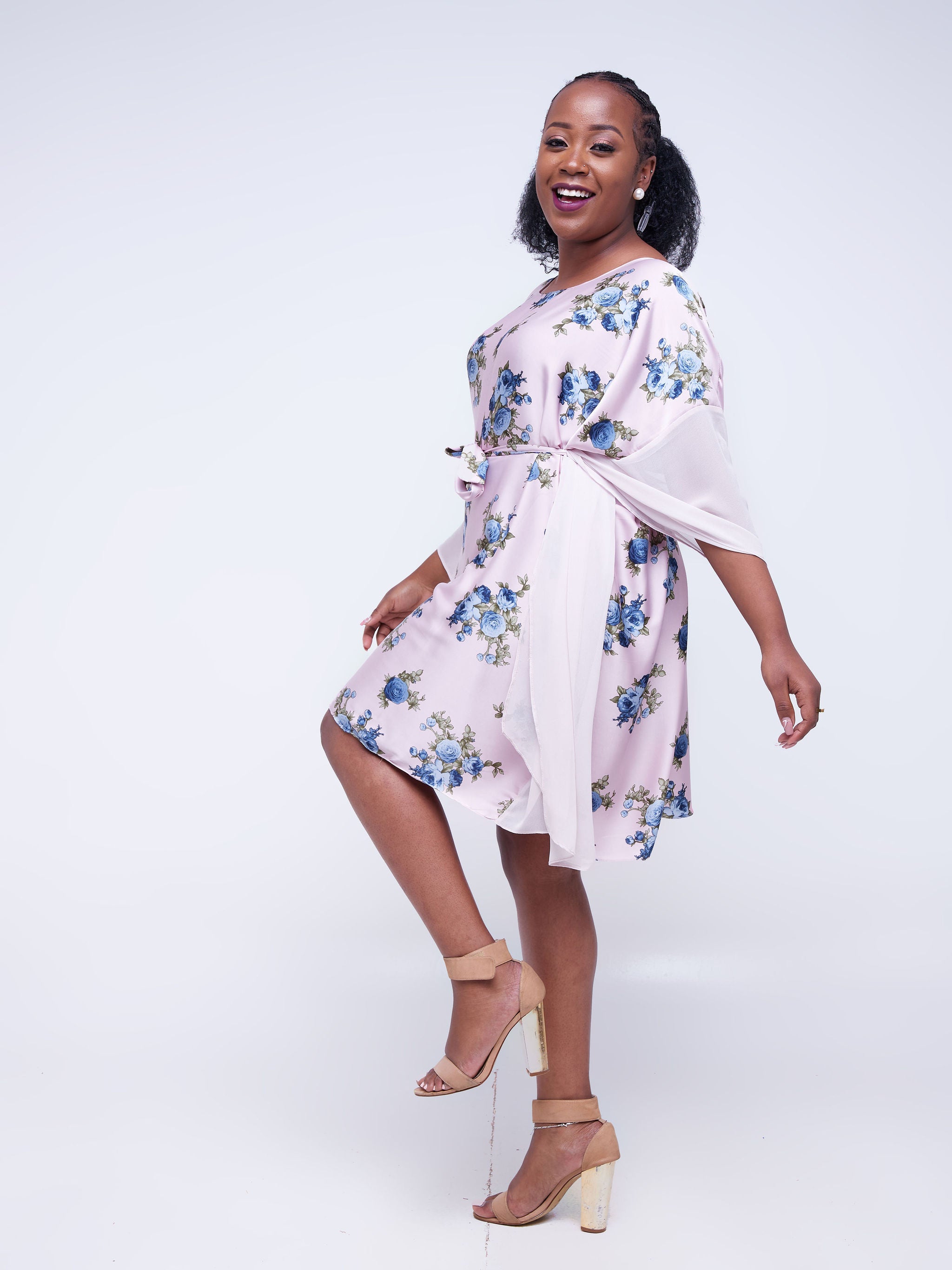 Vivo Watamu Side Boarder Knee Length Dress - Pink / Blue Rose Print