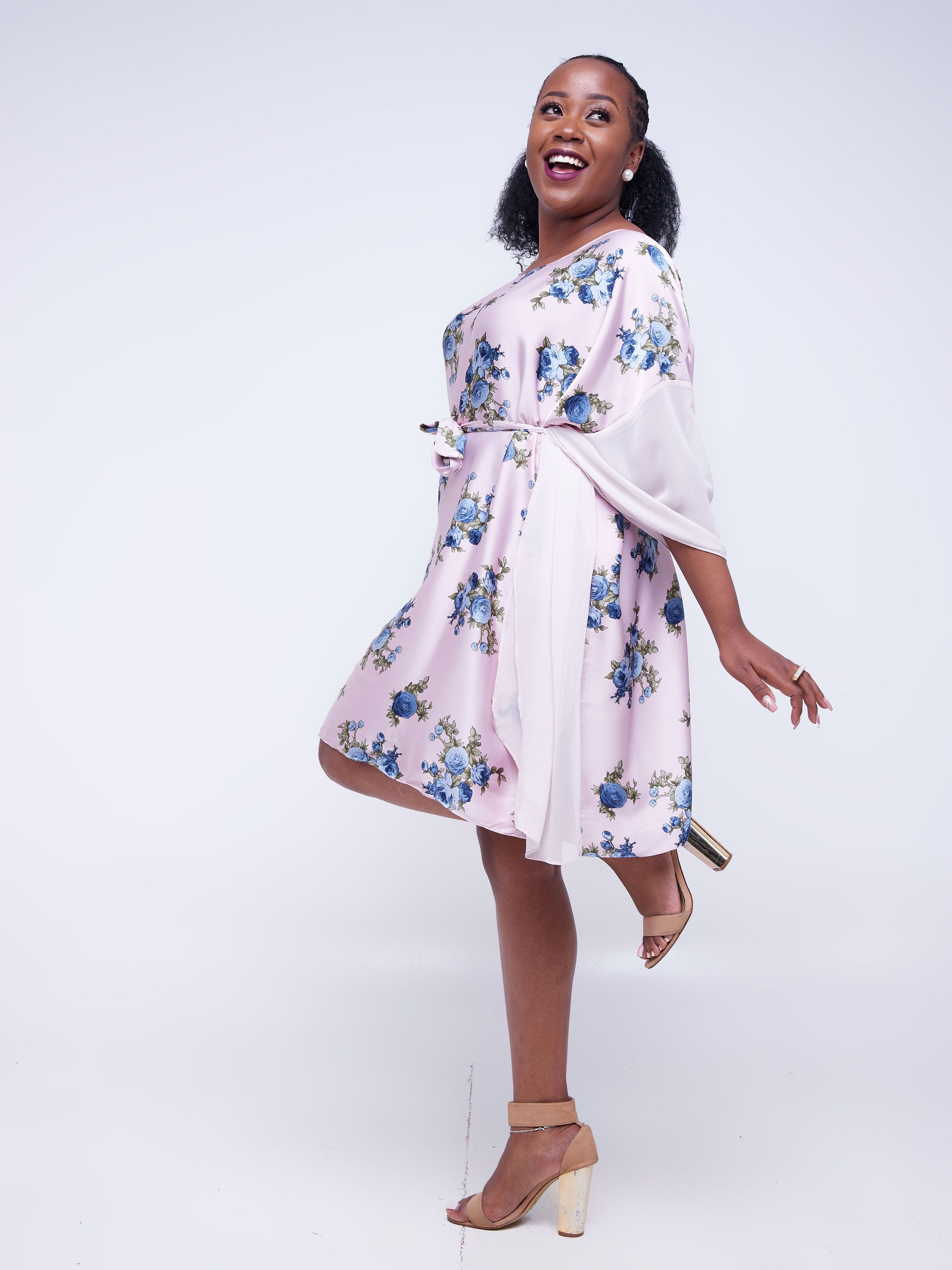 Vivo Watamu Side Boarder Knee Length Dress - Pink / Blue Rose Print