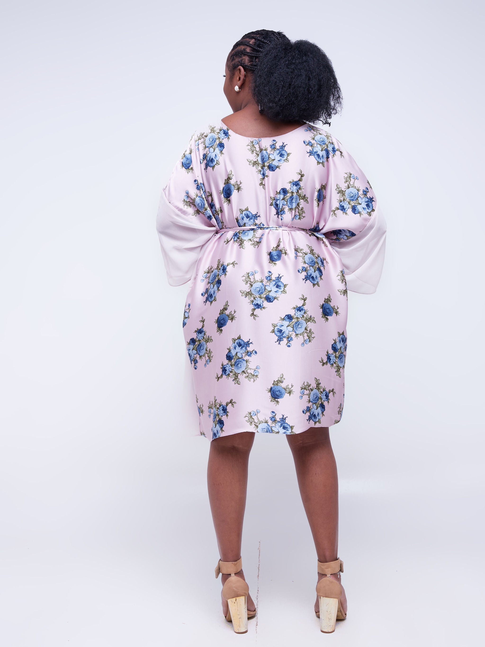 Vivo Watamu Side Boarder Knee Length Dress - Pink / Blue Rose Print