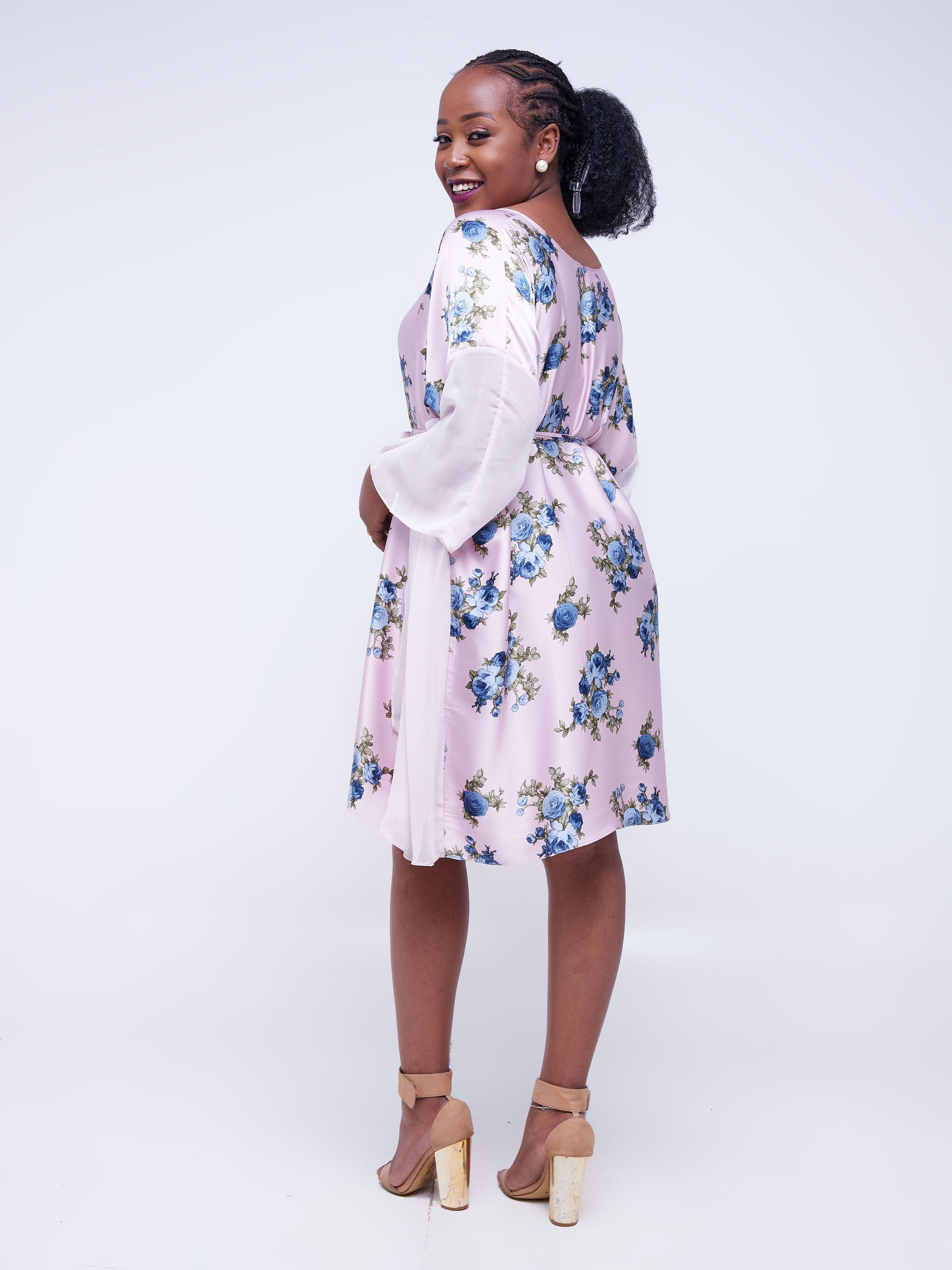 Vivo Watamu Side Boarder Knee Length Dress - Pink / Blue Rose Print