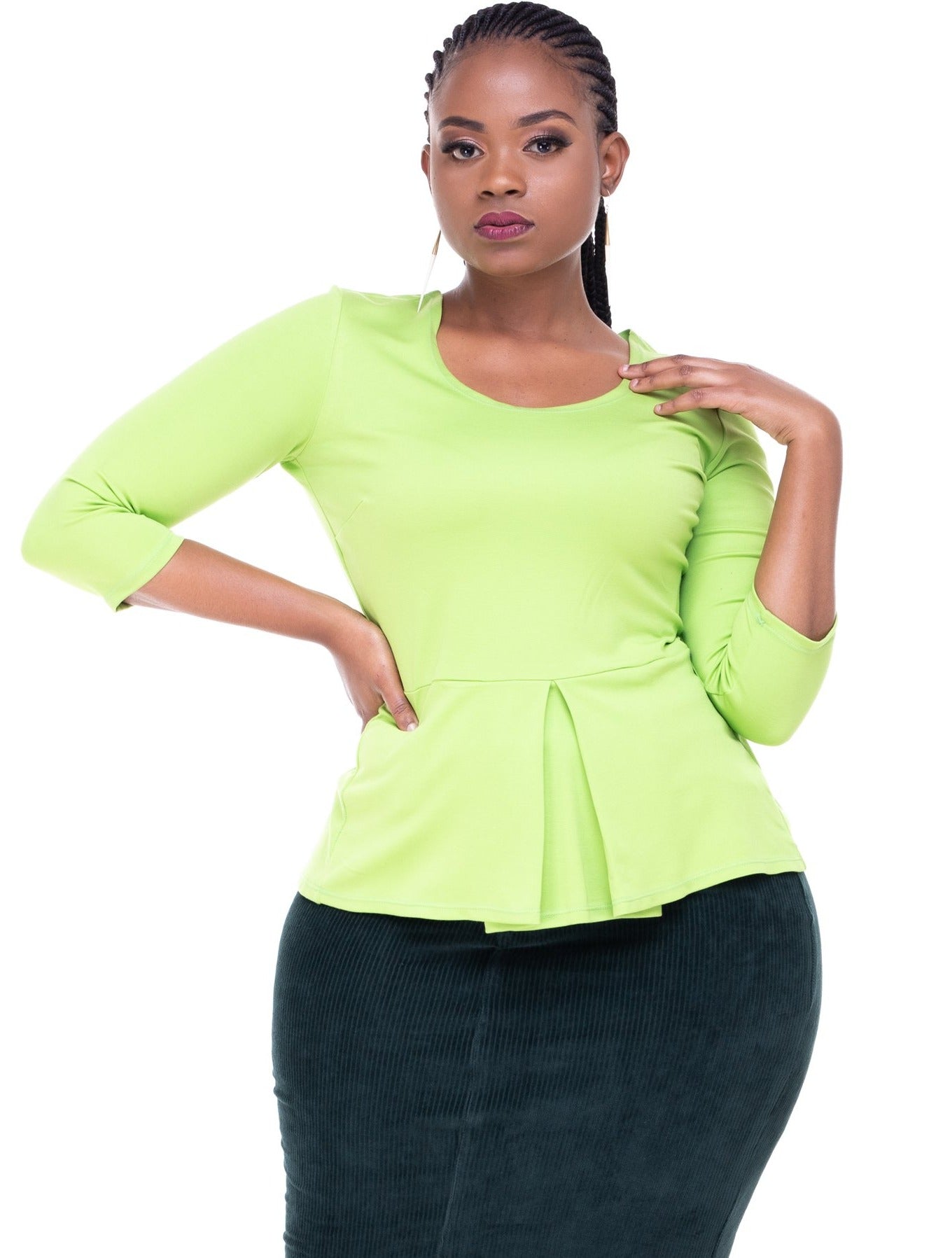 Vivo 3/4 Sleeve Amber Pleat Top - Lime Green - Shop Zetu