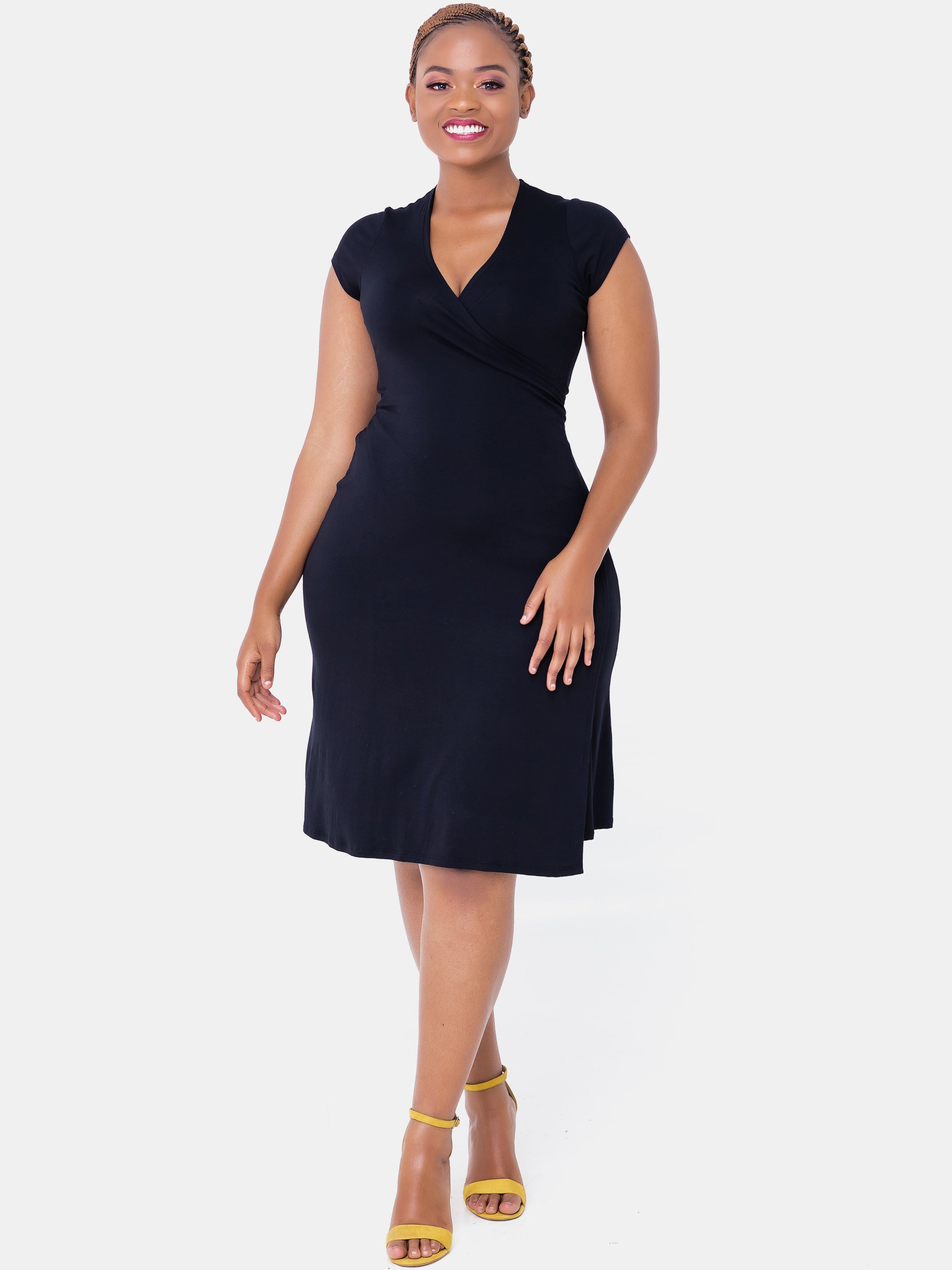 Vivo Cap Sleeve A-line Wrap Dress - Black