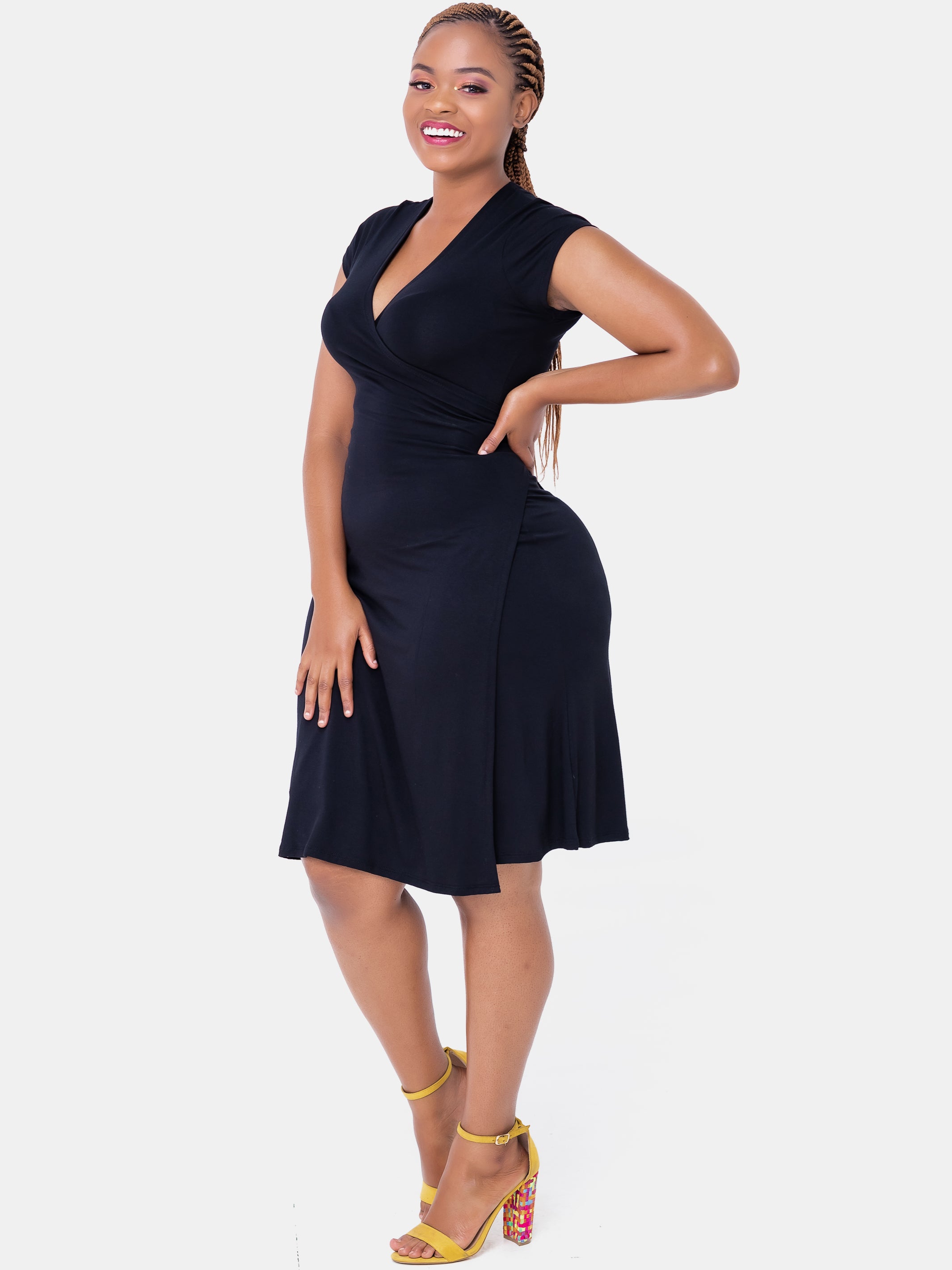 Vivo Cap Sleeve A-line Wrap Dress - Black