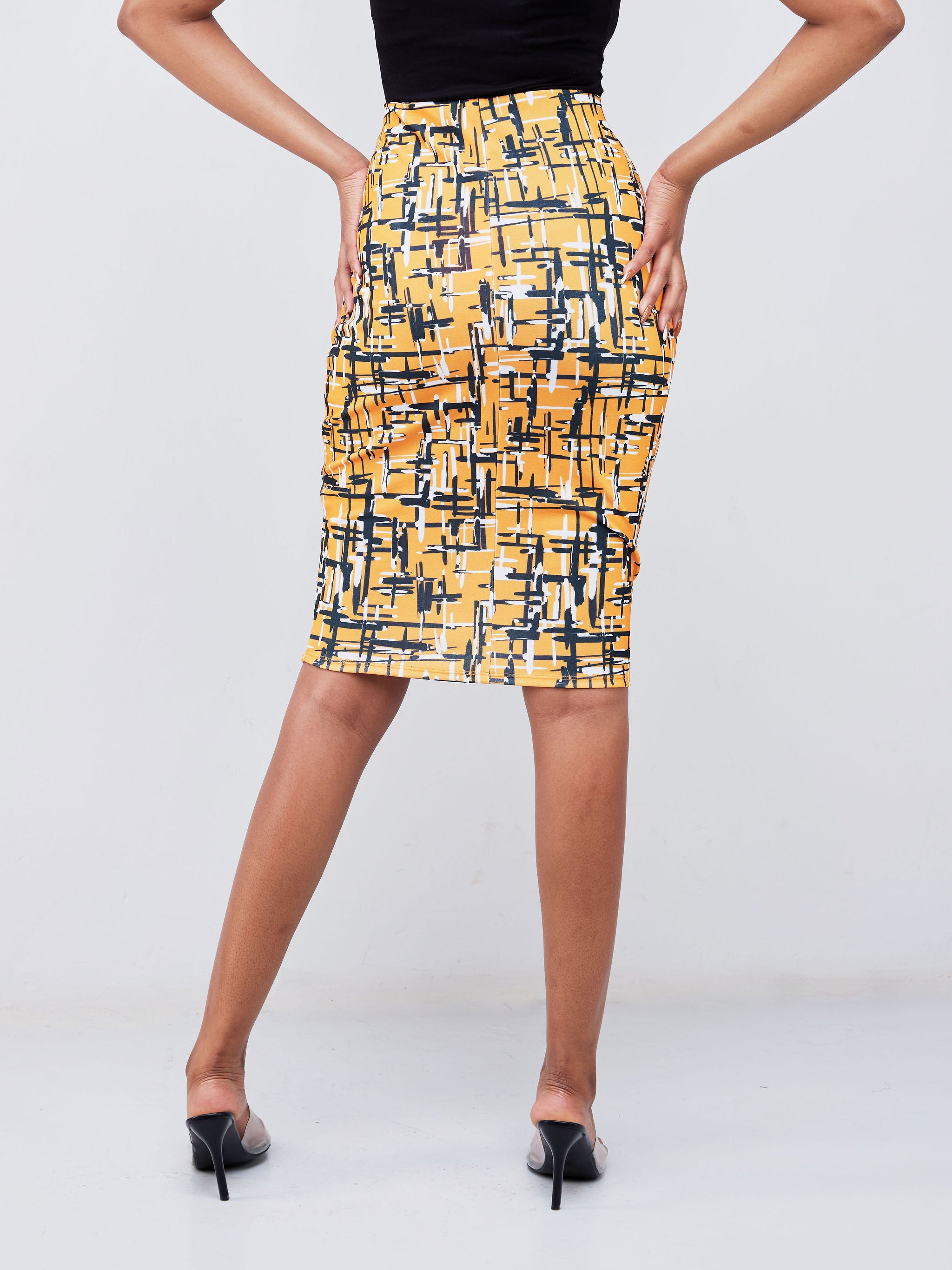 Vivo Imara Pencil Skirt  - Mustard / Black Abstract Print