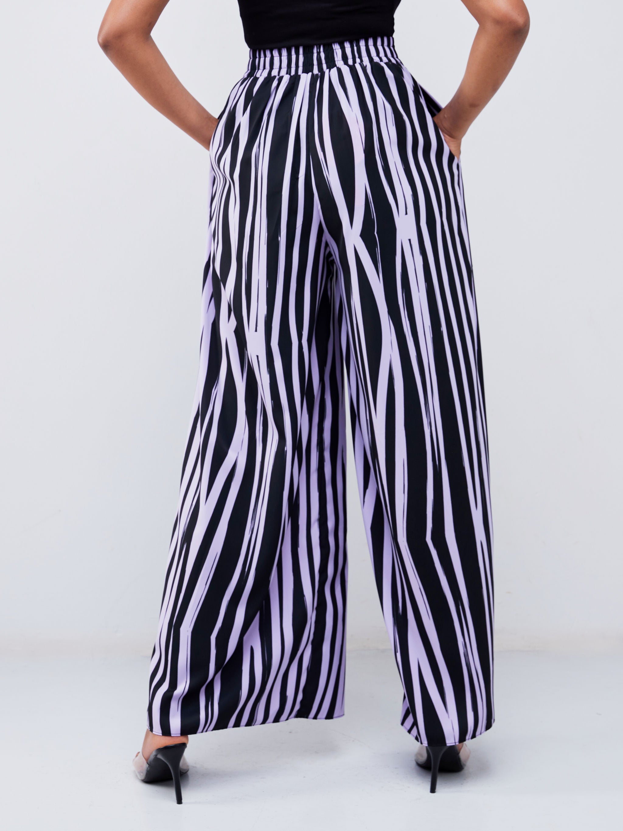 Vivo Adisa Wide Leg Pants - Lilac / Black Stripes Print