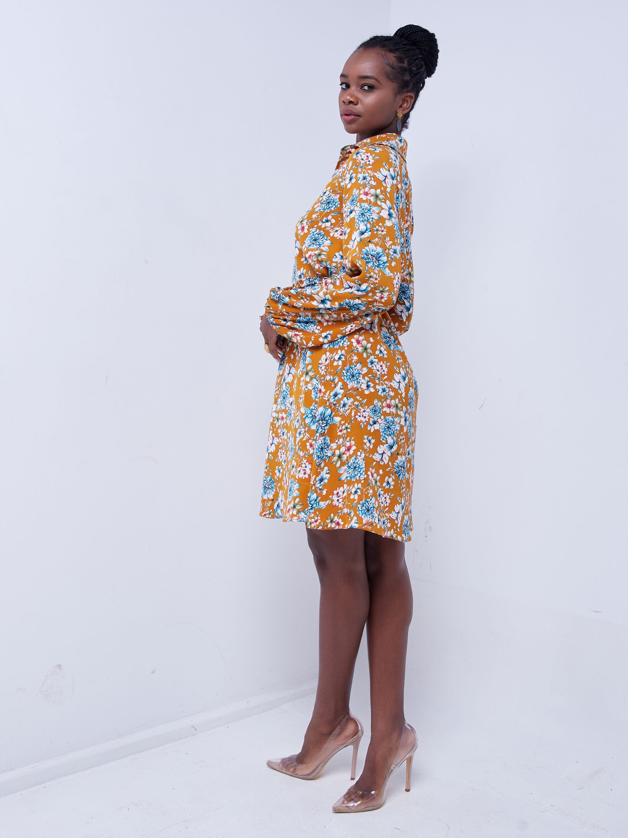 Vivo Zuri Bishop Sleeve Tent Dress - Mustard Floral Print
