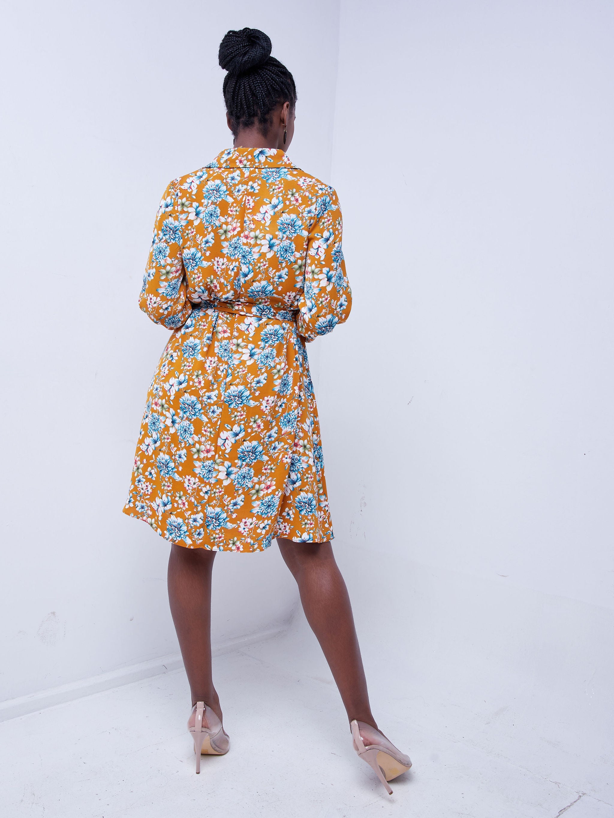 Vivo Zuri Bishop Sleeve Tent Dress - Mustard Floral Print