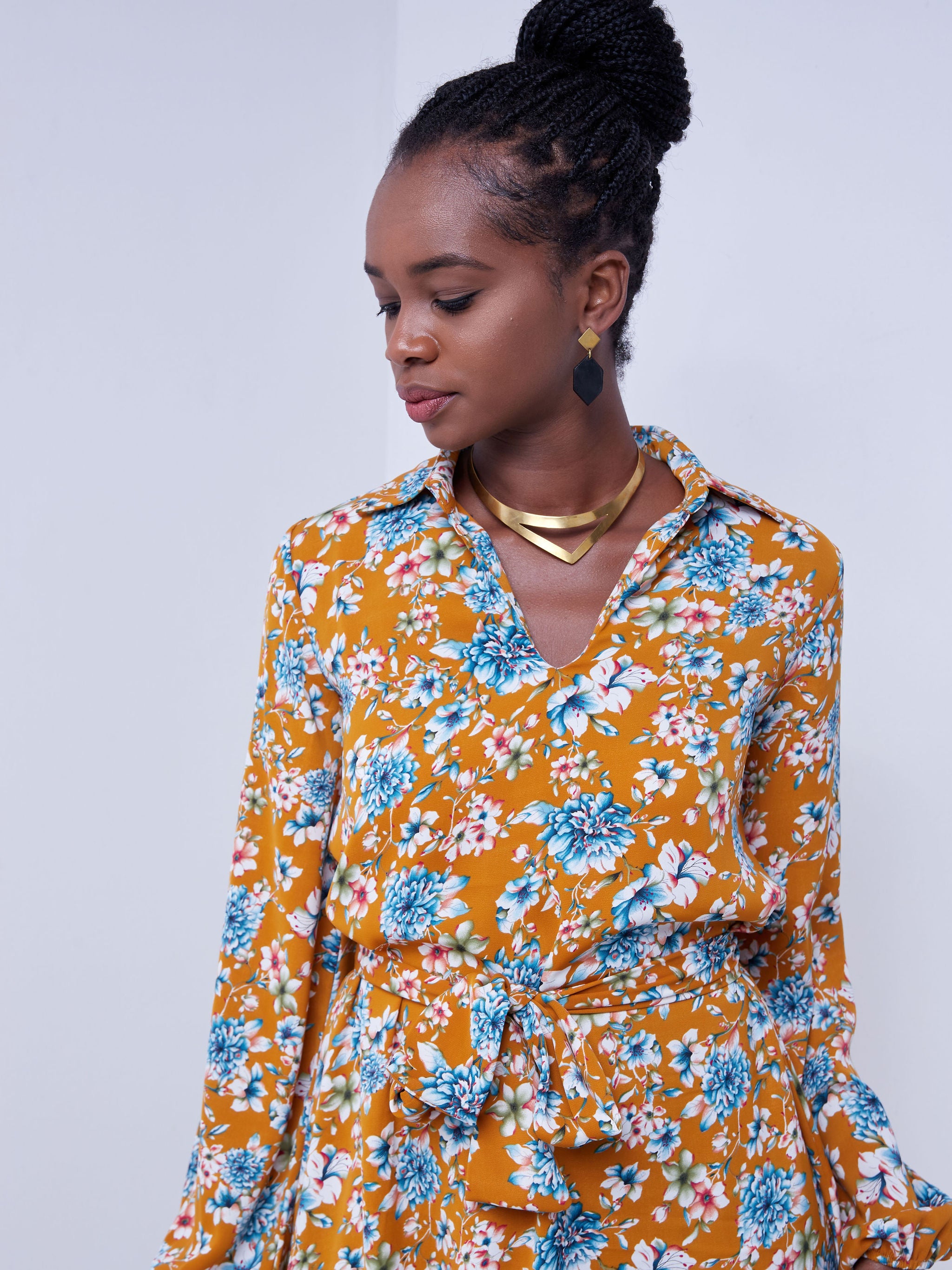 Vivo Zuri Bishop Sleeve Tent Dress - Mustard Floral Print