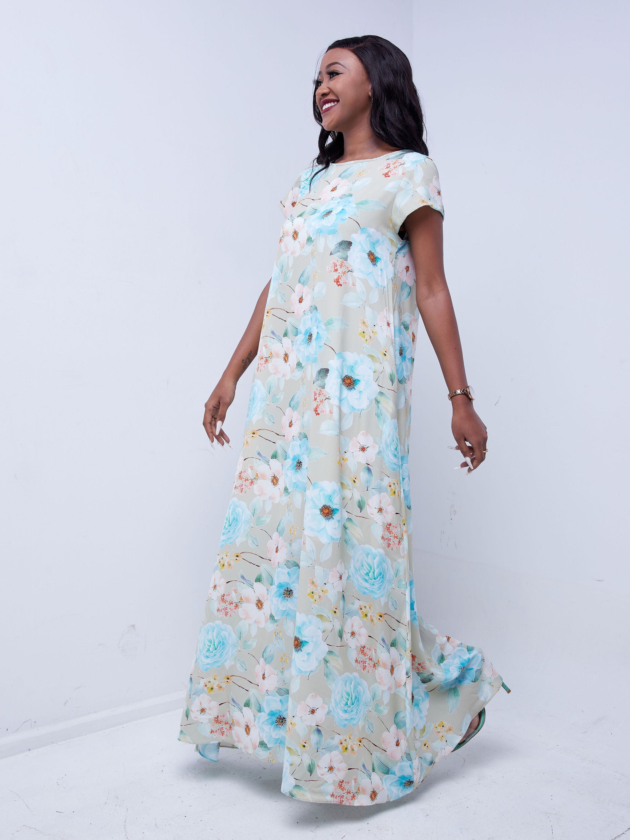 Vivo Basic Cap Sleeved Tent Maxi Dress - Taupe Floral Print