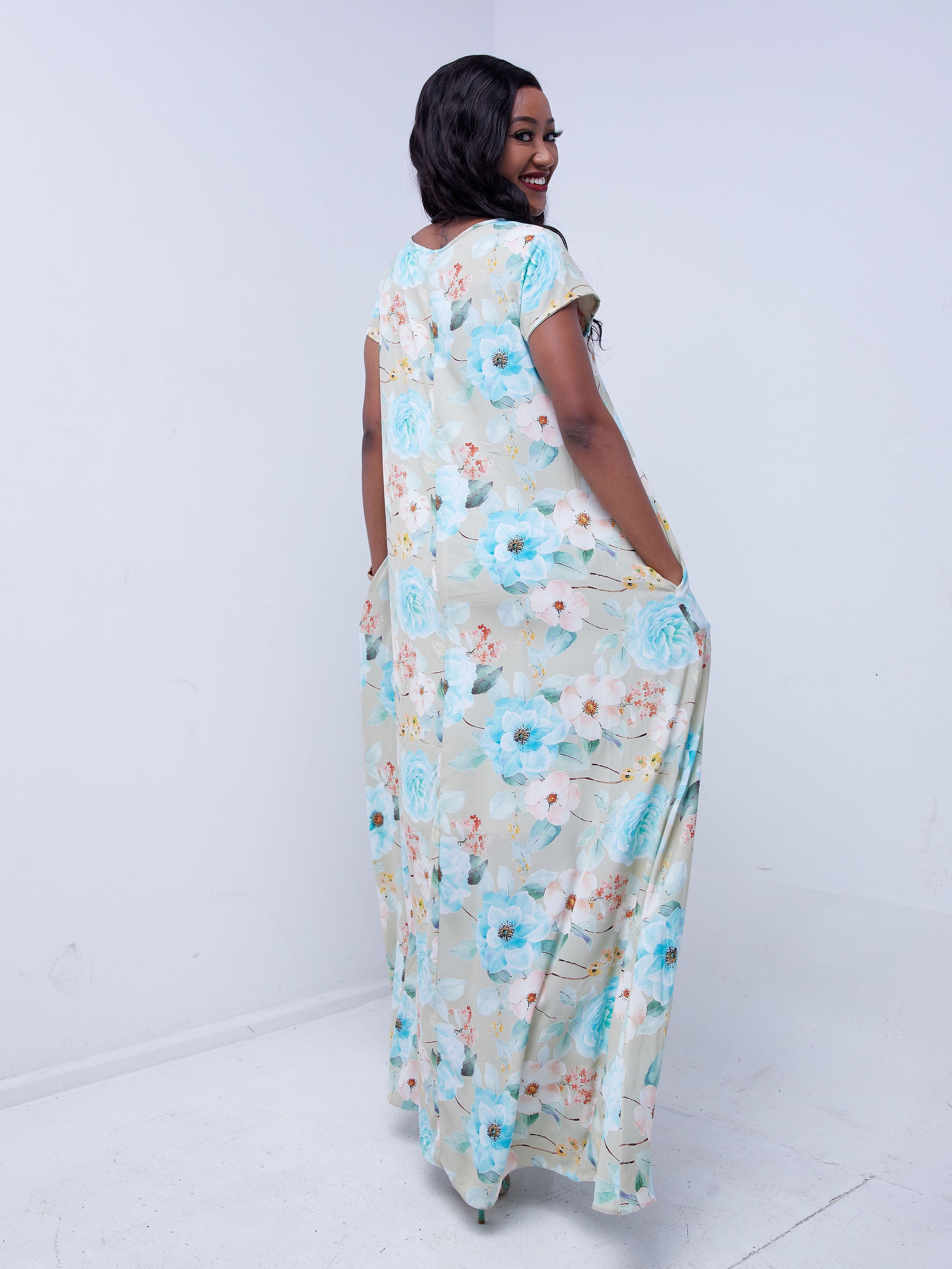 Vivo Basic Cap Sleeved Tent Maxi Dress - Taupe Floral Print